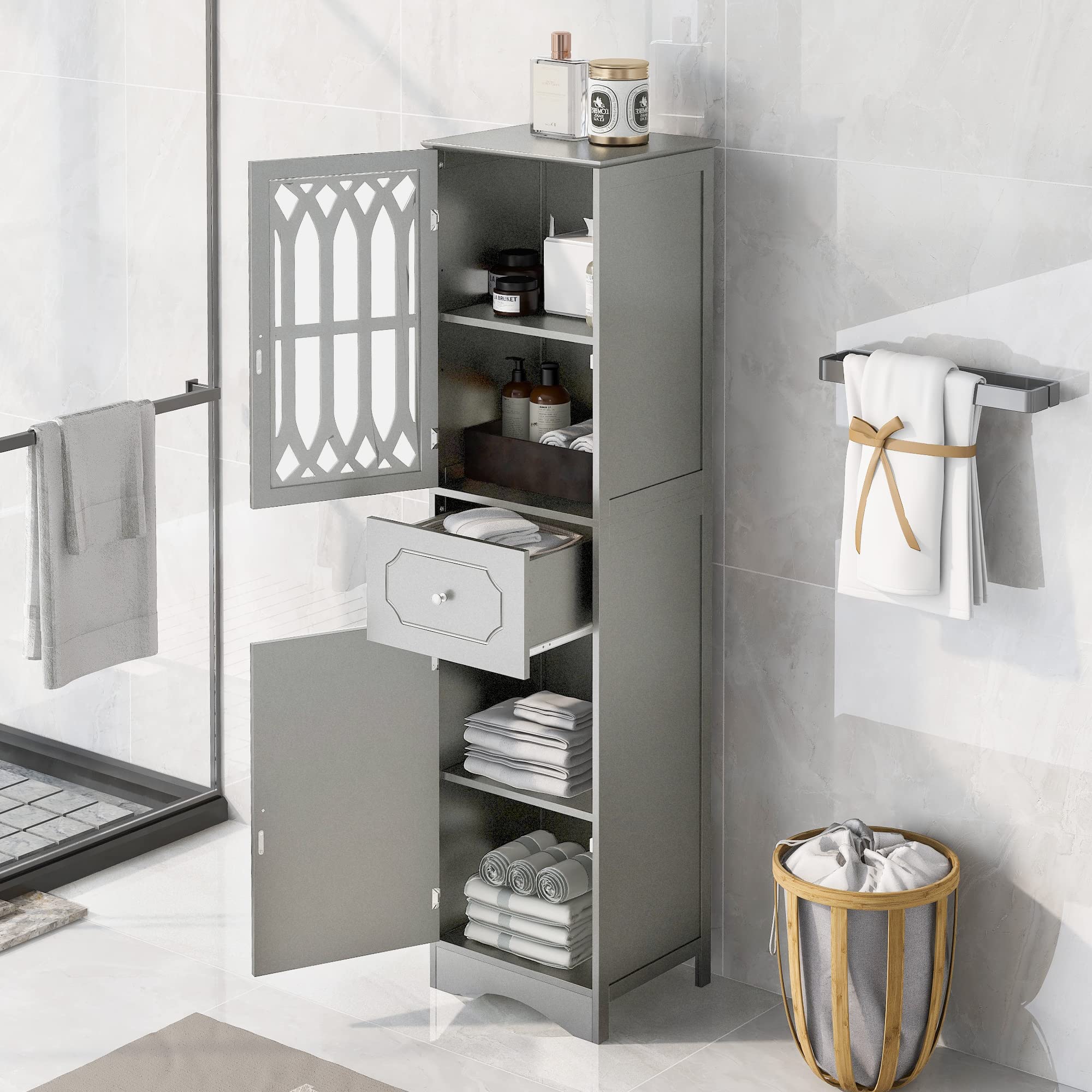 Polibi Home Freestanding Tall Linen Tower Storage Cabinet with Adjustable Shelves, Drawer & Door - Perfect for Bathroom, Bedroom & Living Room Organization - Space Saving Grey Storage Solution for Towels, Linens & Home Essentials