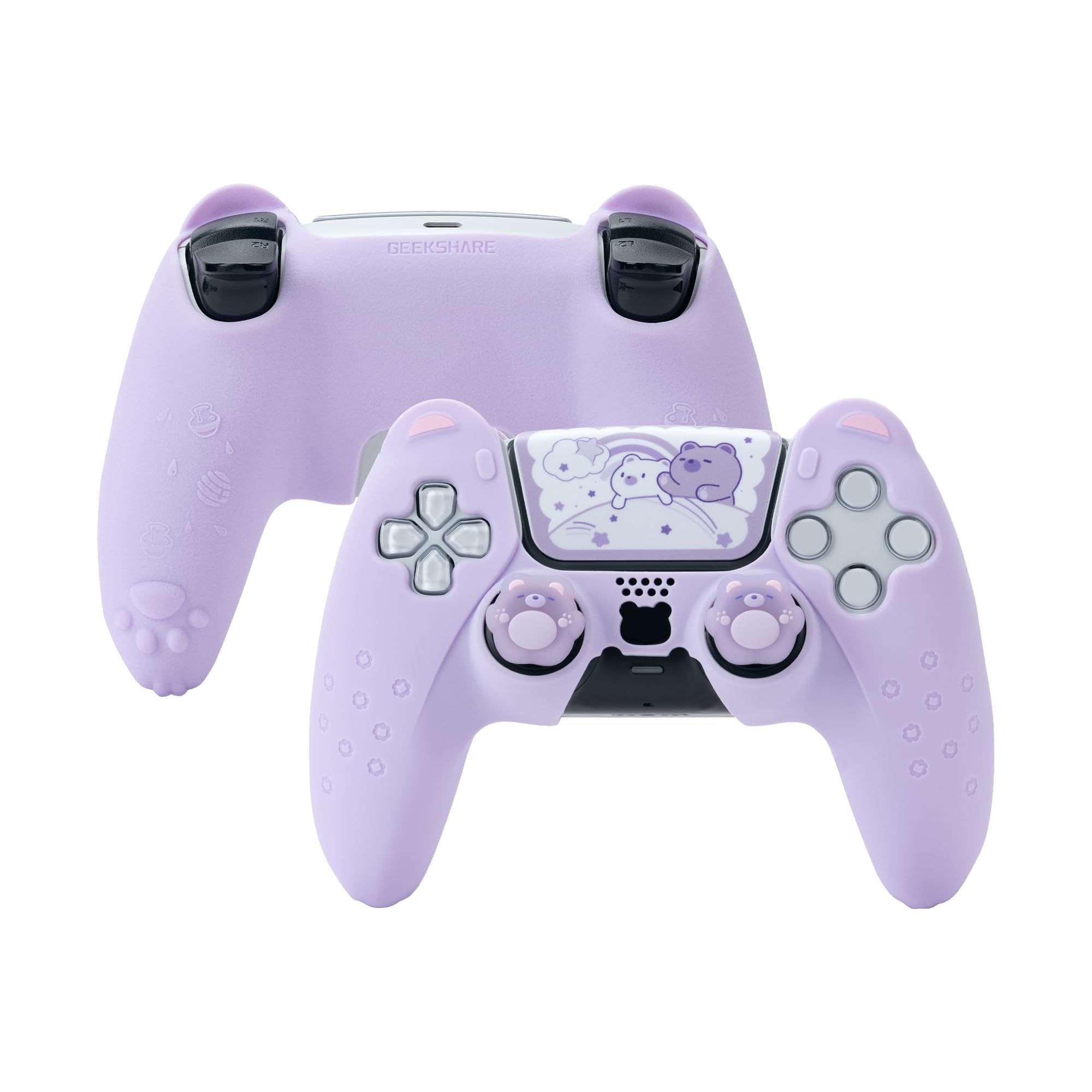 GeekShare Cute Bear PS5 Controller Skin Set - Includes 2 Grip Pads, 1 Anti-Slip Silicone Protector & Sticker for Wireless PS5 Controller (Purple) - Perfect for Gaming, Protection & Personalization
