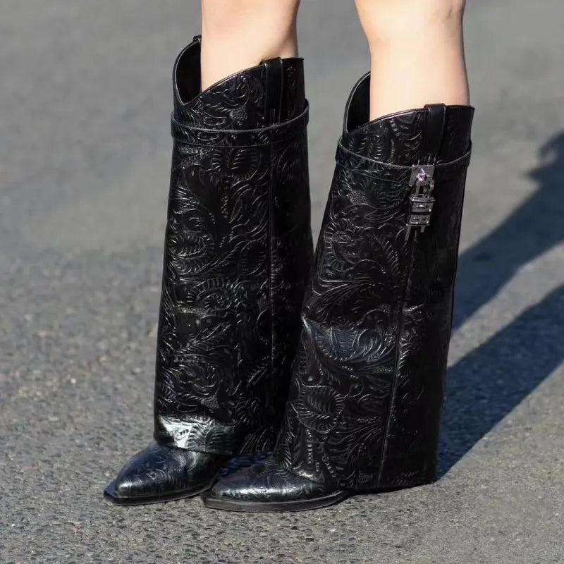 2024 Women's Designer Over-the-Knee Leather Boots - Shark Lock Retro Pattern, Thick Sole & High Heel, Fashion Long Boots for Party, Night Out & Winter Style