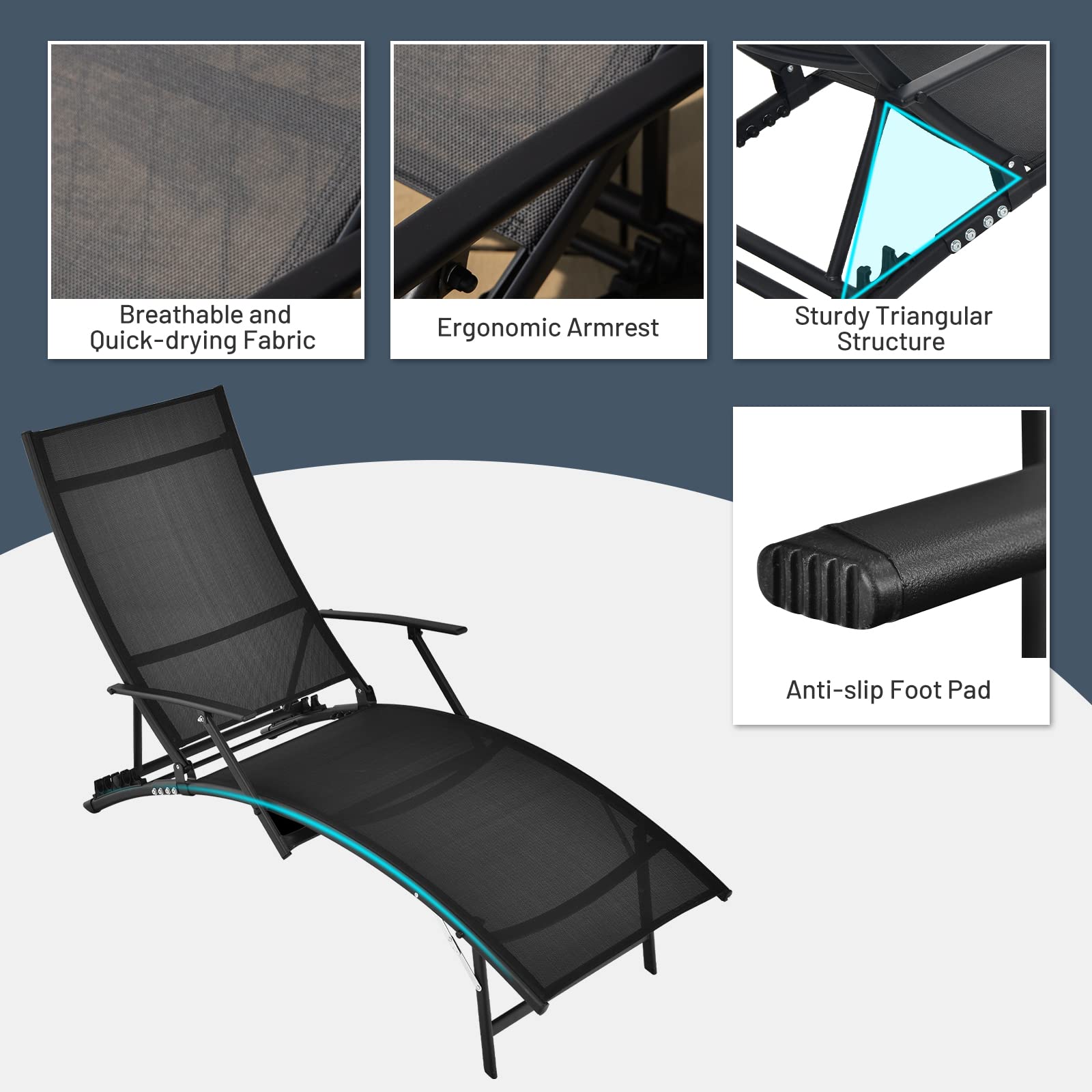 Tangkula 2-Piece Patio Chaise Lounge Set - Foldable Stackable Outdoor Chaise Lounge Chairs with Breathable Fabric & 5-Level Adjustable Backrest - Perfect for Poolside, Backyard, Garden Relaxation (Black)