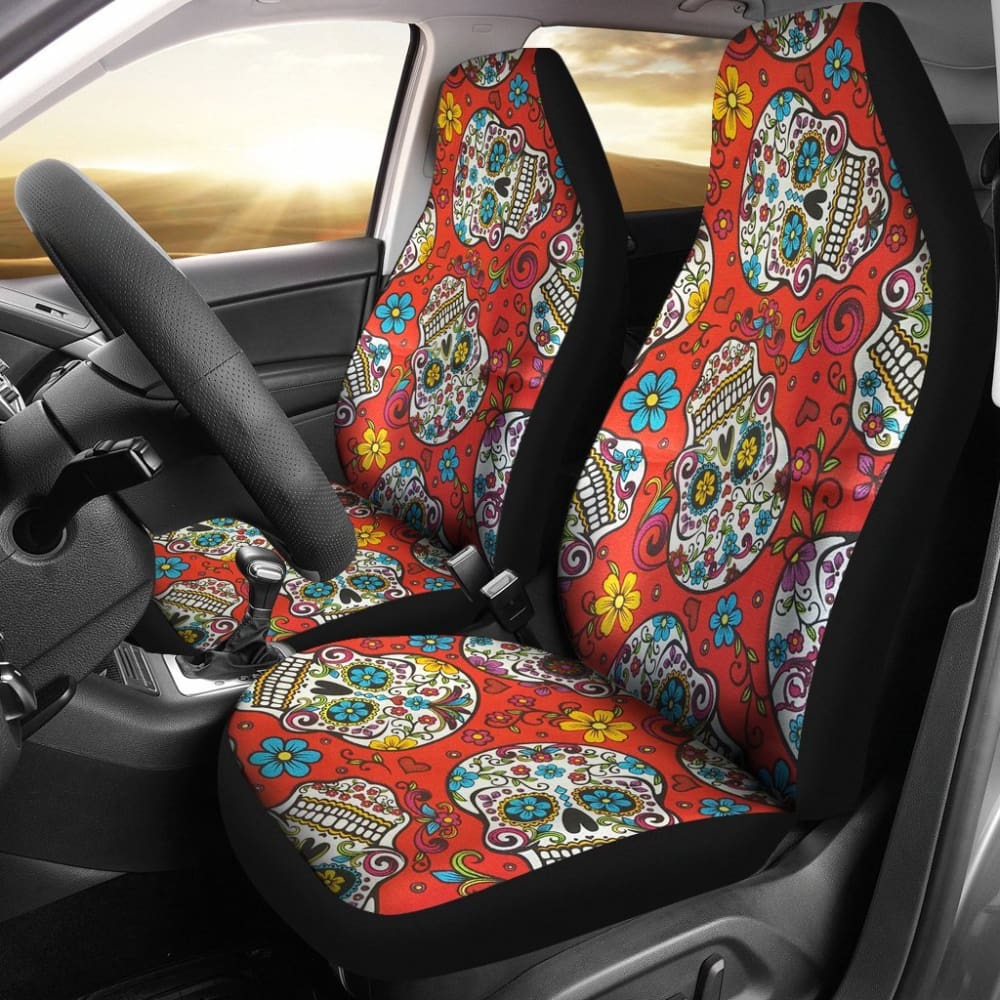 2 Pcs Sugar Skull Car Seat Covers - Halloween Dia de Los Muertos Decor - Universal Fit for Cars, Trucks & SUVs - Perfect for Halloween Parties, Mexican Themed Events & Day of the Dead Celebrations