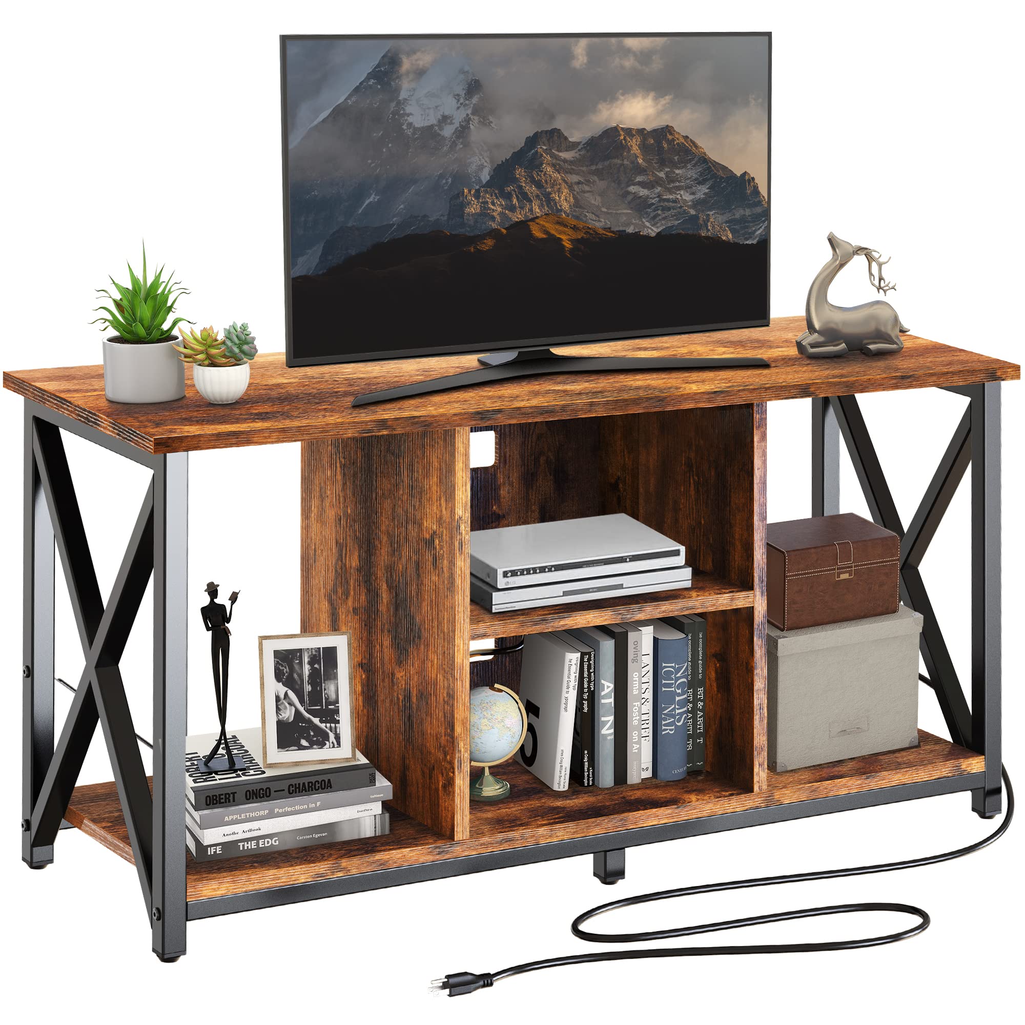 FABATO 55 Inch Rustic Brown Wood TV Stand with Charging Station & Storage Shelves - Entertainment Center TV Cabinet with Metal Frame for Living Room, Bedroom & Home Theater Setup