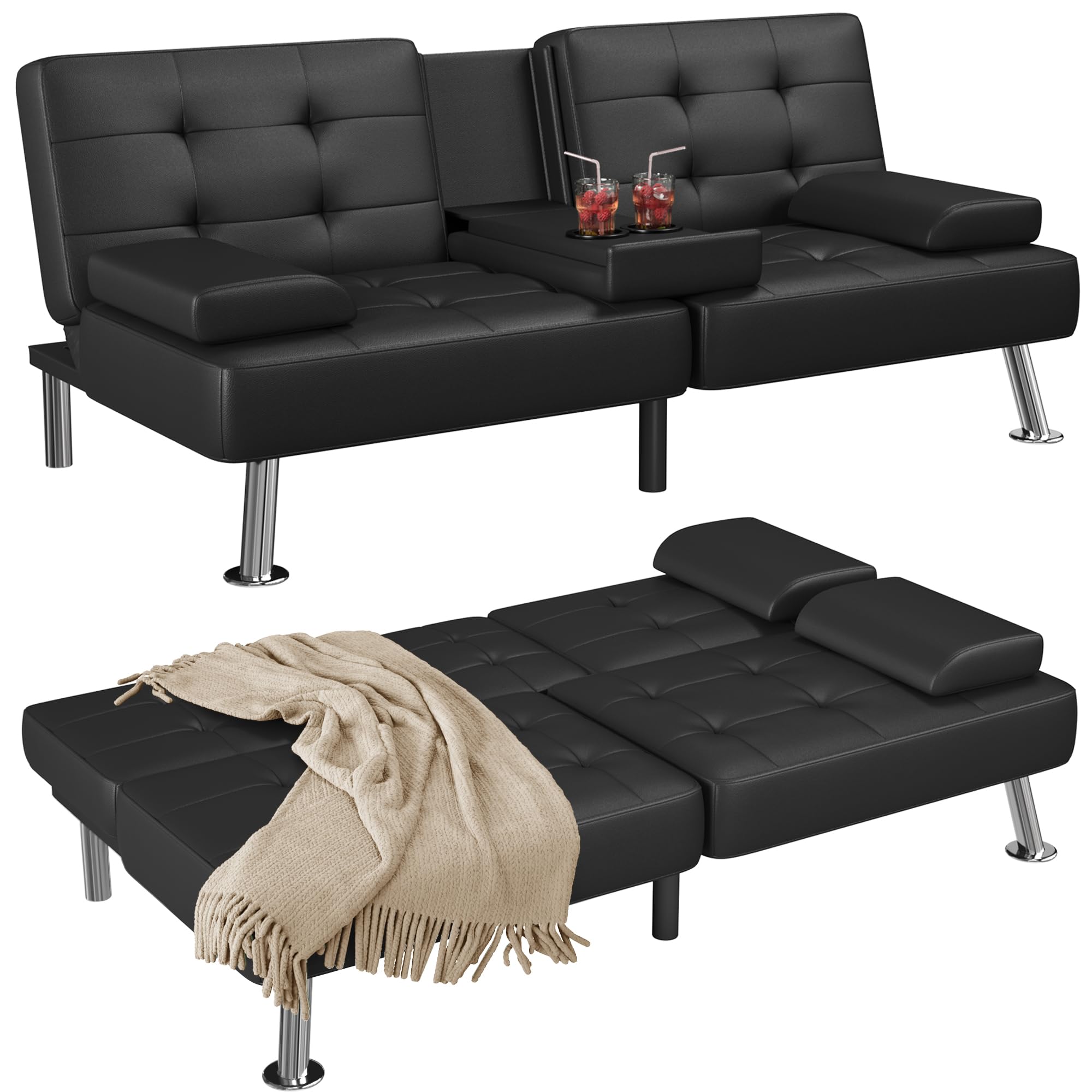 Shahoo Convertible Folding Futon Sofa Bed - 3-in-1 Sleeper Couch for Living Room & Guest Room - Faux Leather Upholstered Loveseat with Removable Armrests, Sturdy Metal Legs & 2 Cup Holders - Black - Perfect for Small Spaces, Apartments & Home Offices