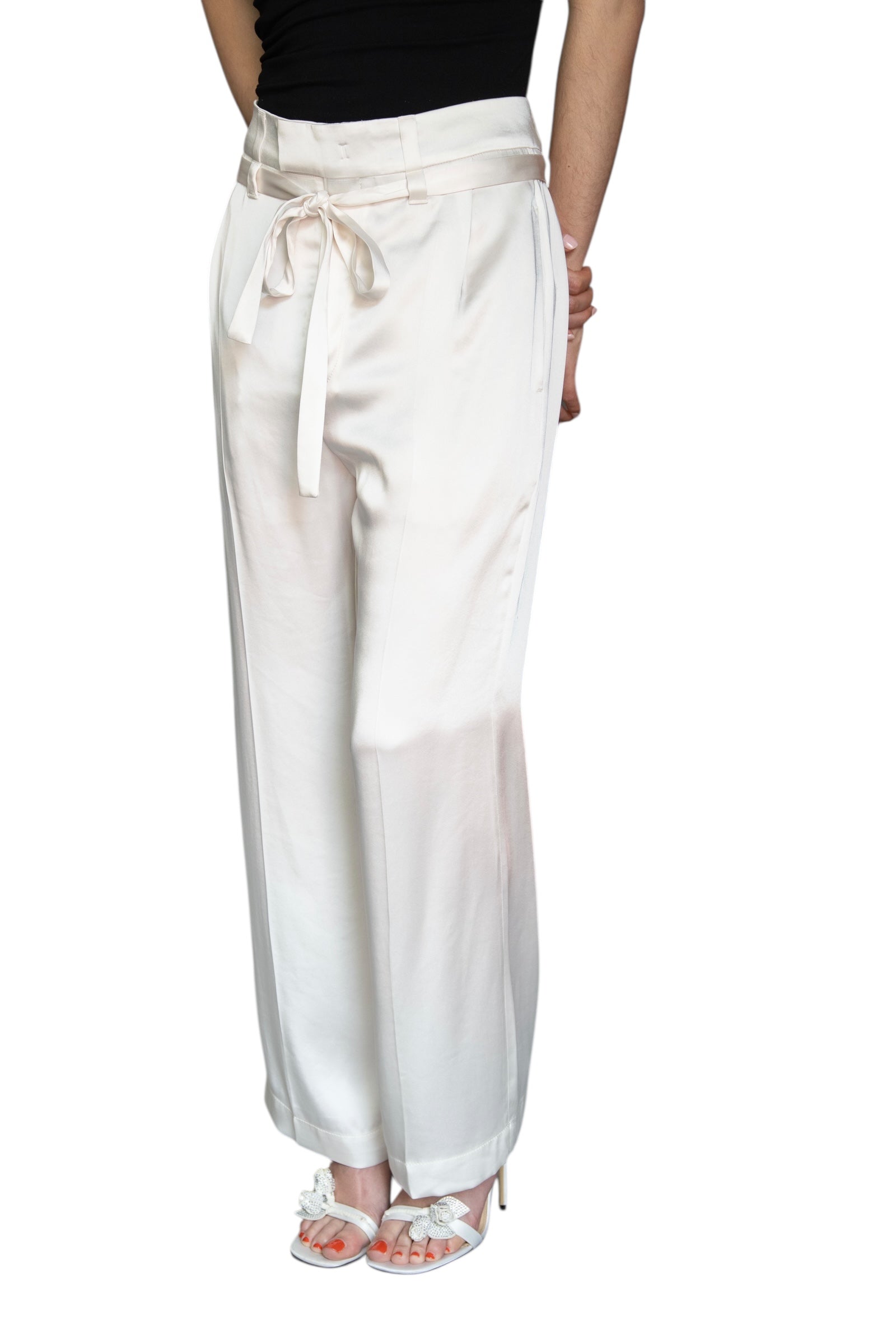 Brunello Cucinelli Ivory Satin Tie Trousers for Women | Size IT 42 / US 6 | Elegant Formal Pants for Office Wear & Special Occasions