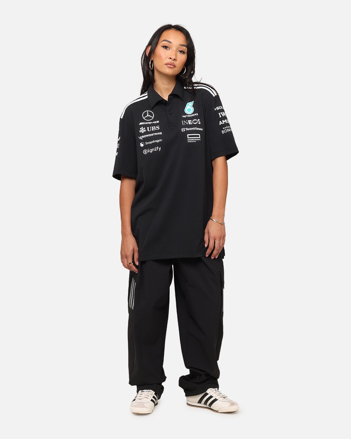 Adidas x Mercedes AMG Petronas F1 2025 Team Polo Shirt - Black & White - Men's Performance Golf & Racing Polo for Motorsport Fans