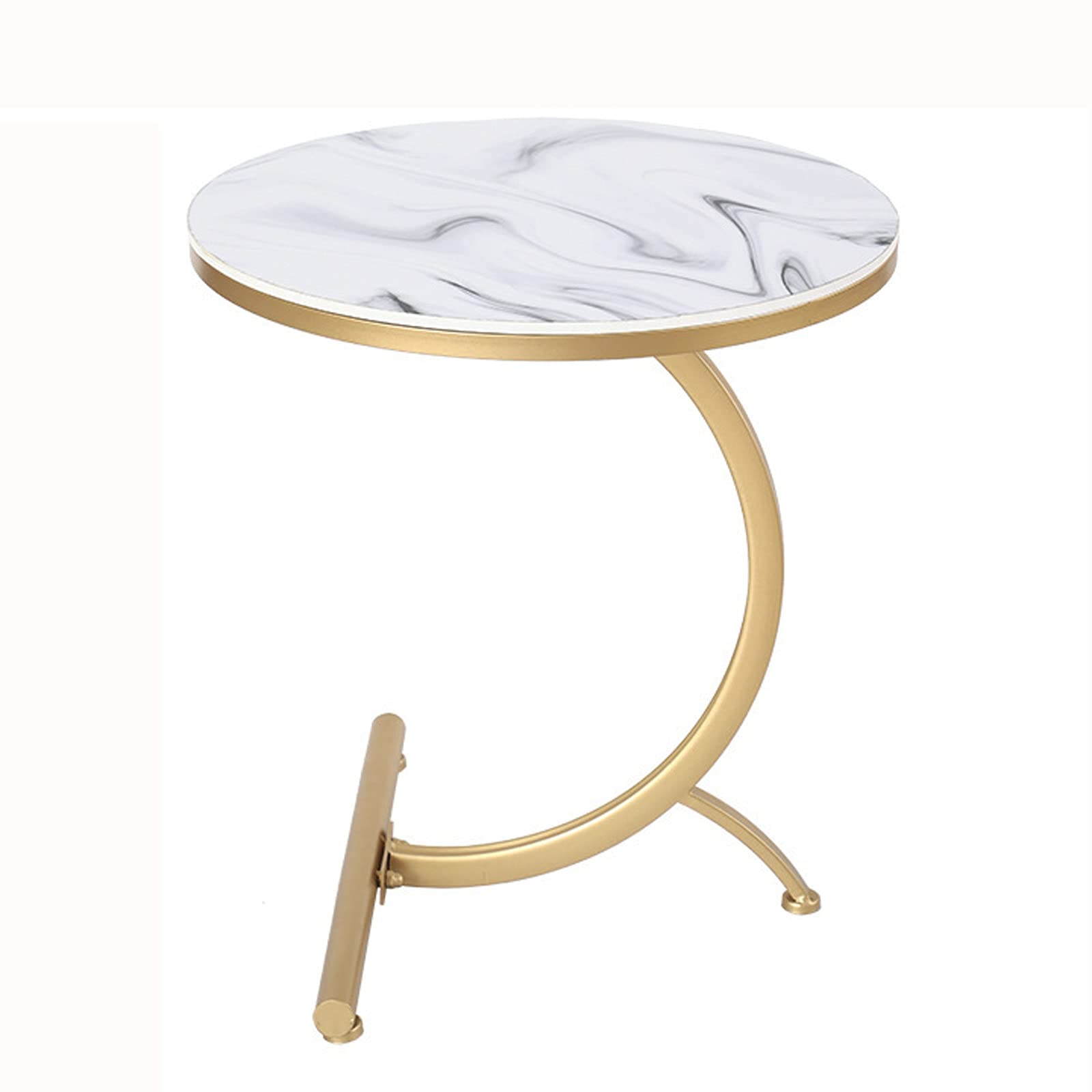 Round Side Table with Marble Texture - C-Shaped End Table for Living Room & Bedroom - Modern Coffee Table in White - Perfect for Small Spaces, Reading Nooks & Home Decor