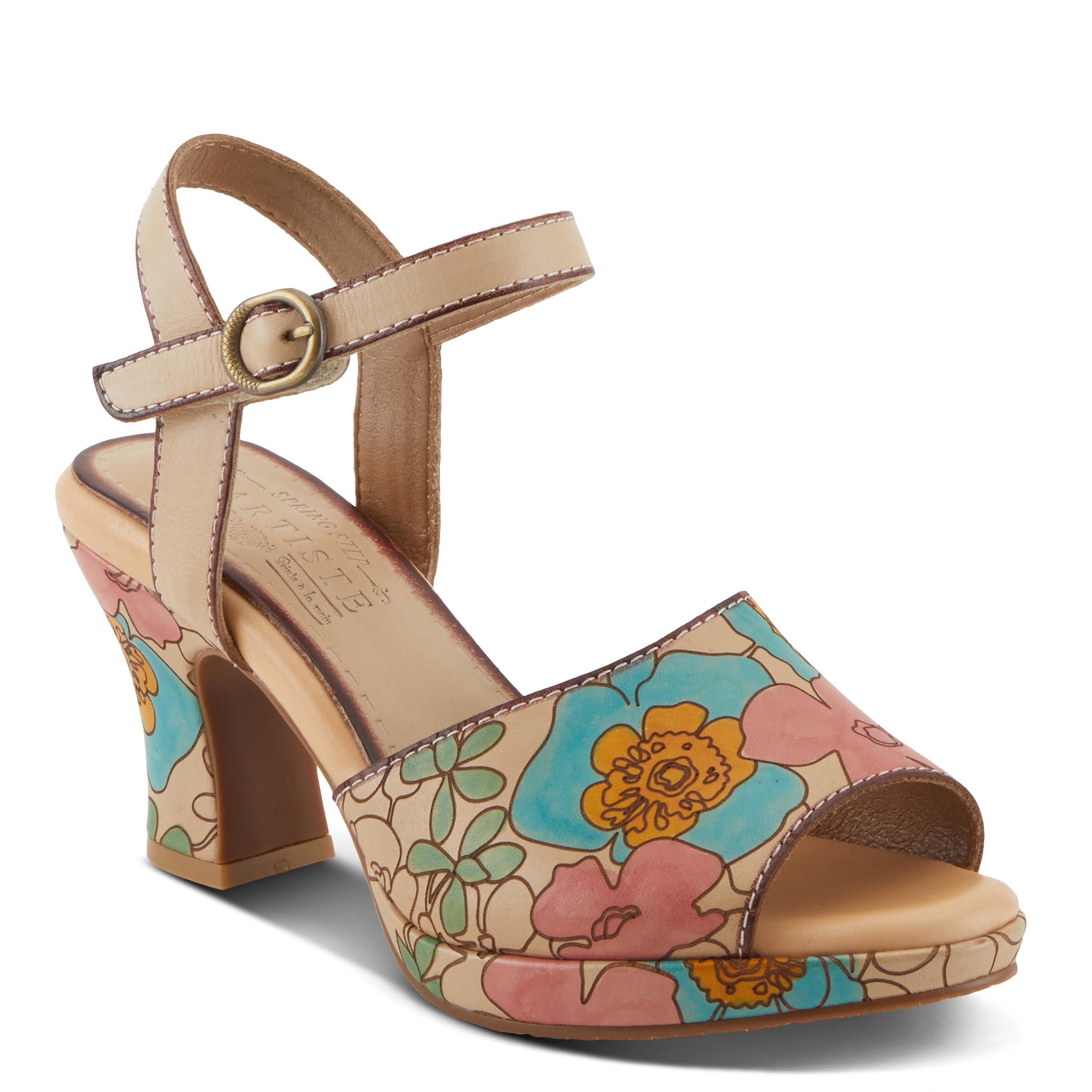 Spring Step L'Artiste Women's CAMRYN Hand-Painted Floral Peep Toe Sandals with Ankle Strap - Stylish Outsole for Summer Weddings, Beach Vacations & Boho Fashion