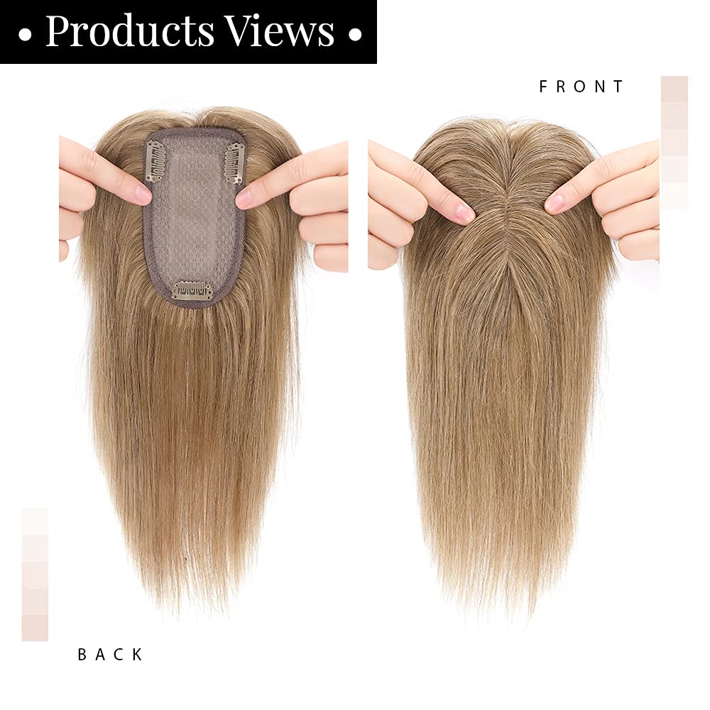 MY-LADY 150% Density Human Hair Toppers With Bangs - 16 Inch Dark Blonde Silk Base Clip-in Hairpiece for Women with Thinning Hair & Hair Loss | Natural Look for Daily Wear, Parties & Special Occasions