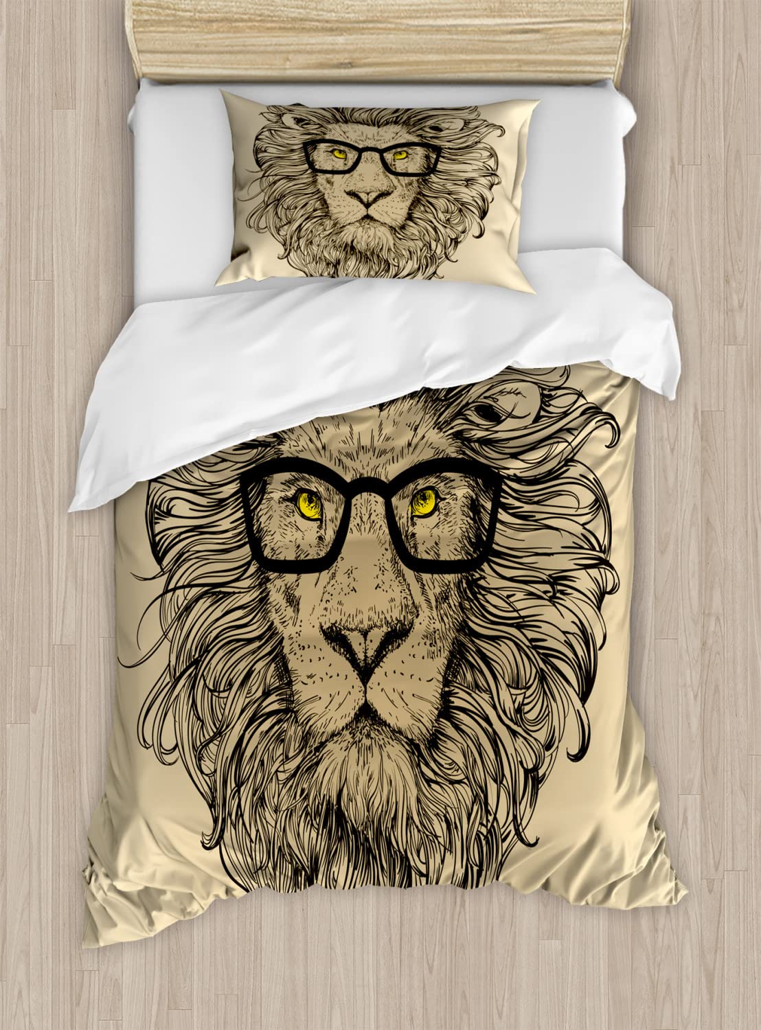 Ambesonne Indie Duvet Cover Set - King Size 2-Pack with Lion Portrait Design, Glasses & Bowtie Hipster Style in Sand Brown, Black & Yellow | Includes 2 Duvet Covers & 4 Pillowcases | Perfect for Modern Bedroom Decor, Guest Rooms & Dorm Style
