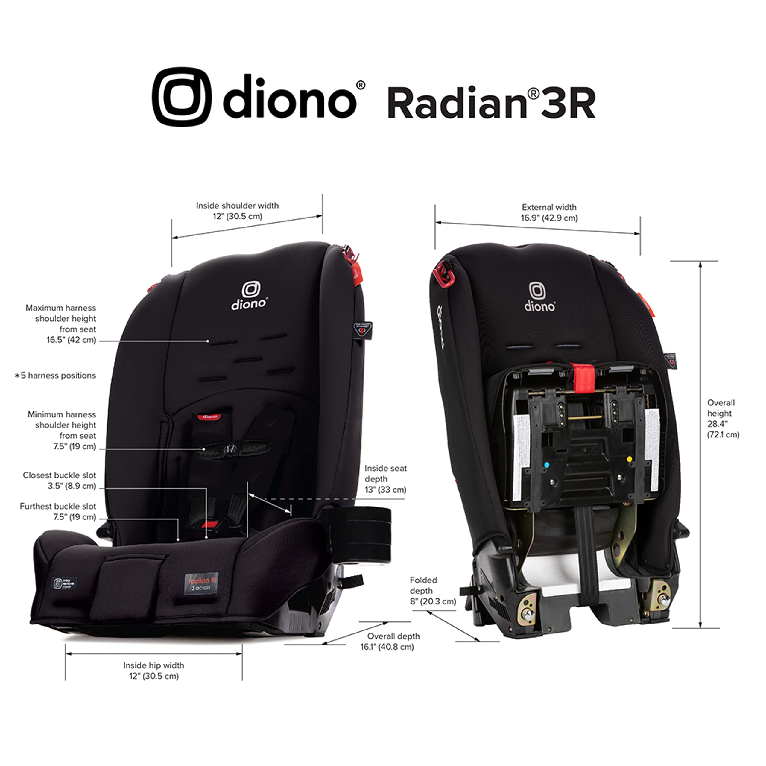 Diono Radian 3R 3-in-1 Convertible Car Seat for Infants & Toddlers | Rear & Forward Facing | Slim Fit 3 Across Design | 10-Year Use | Jet Black | Perfect for Compact Cars & Family Travel