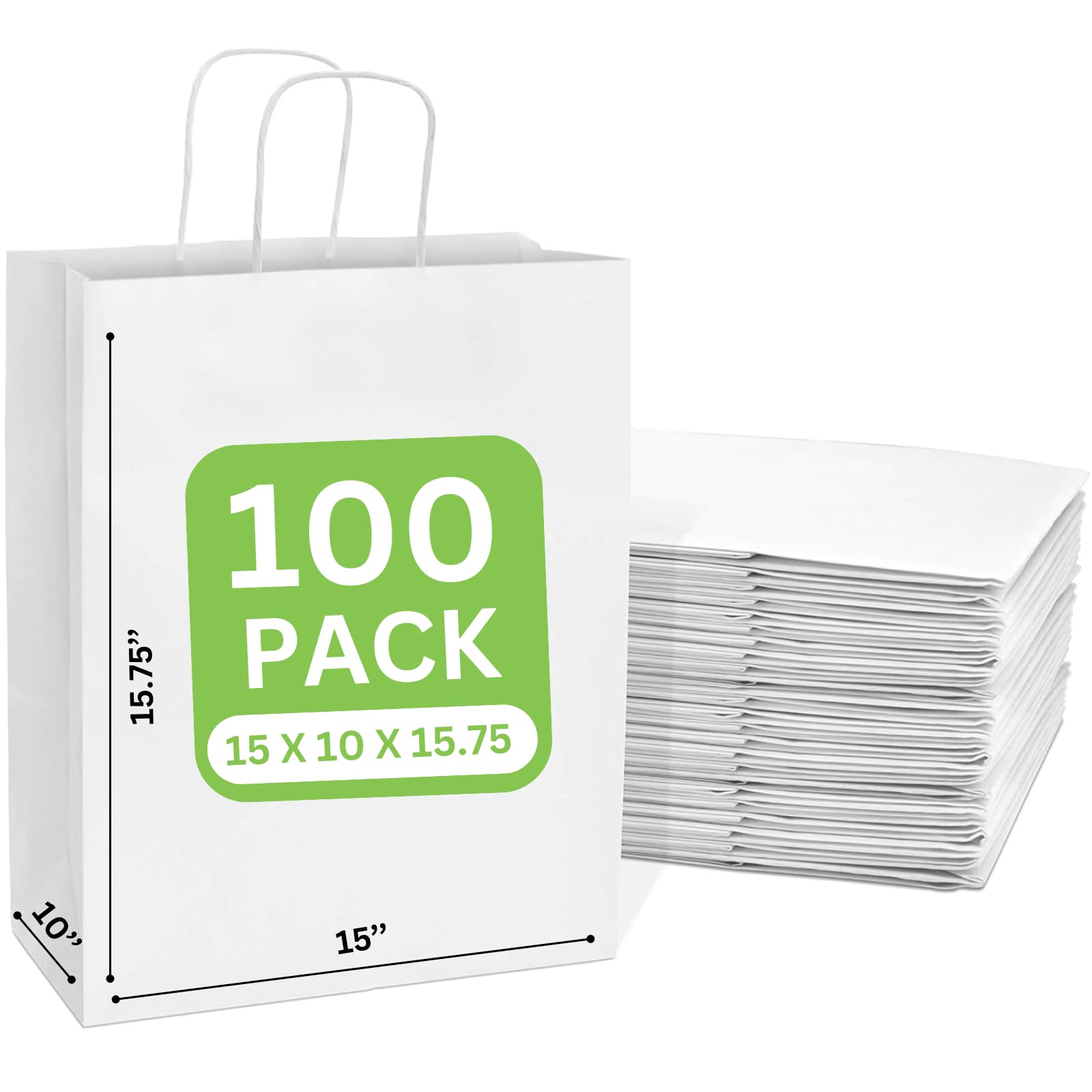 JET PAPER BAGS - 15”x10”x15.75” [100 Pcs] Large White Kraft Paper Bags with Handles for Takeout, Grocery, Retail, Party, Wedding Gifts - Eco-Friendly & Recyclable Gift Bags - Perfect for Food Delivery, Shopping, Birthday Parties & Special Occasions