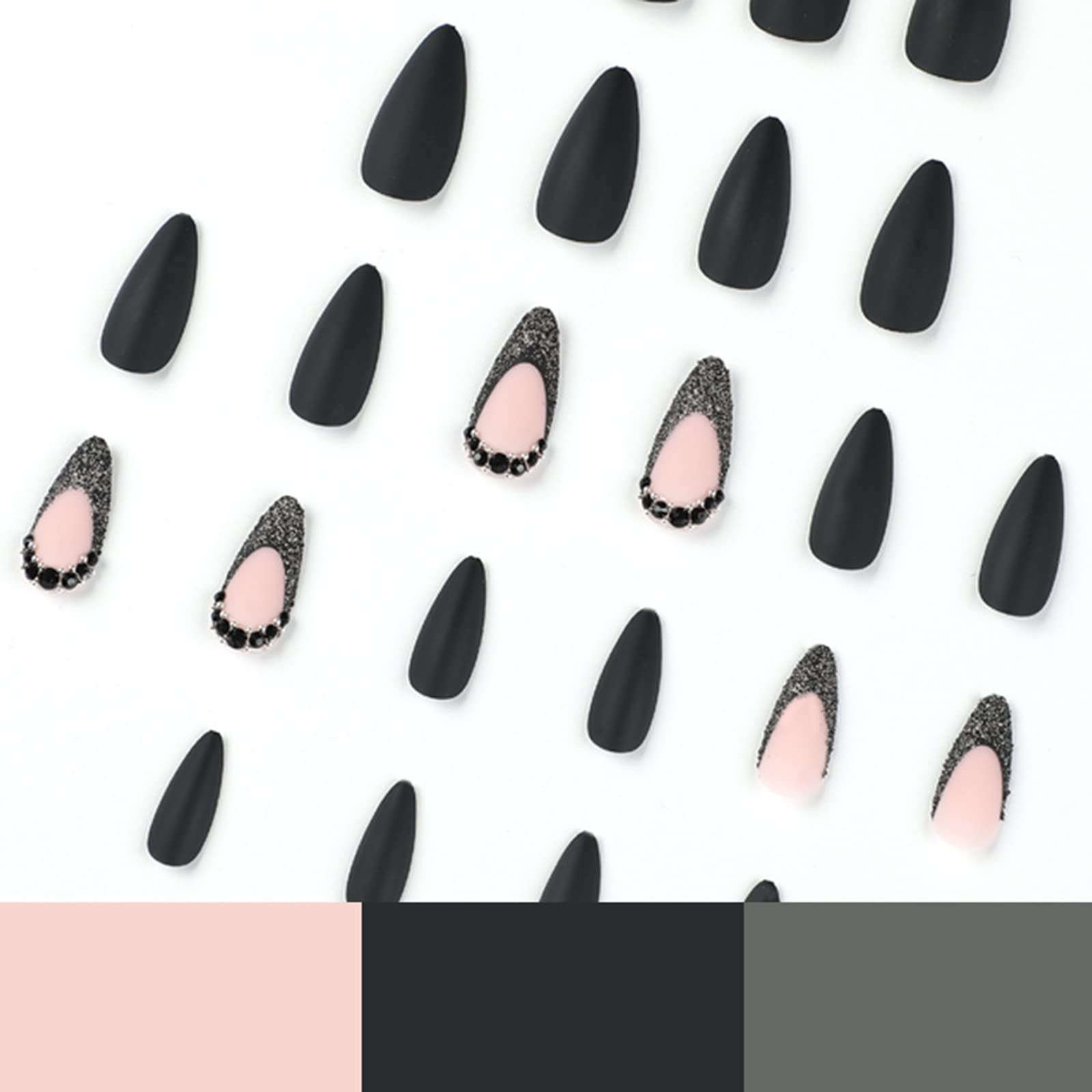 24 Pcs French Tip Press on Nails - Medium Length Almond Shaped Fake Nails with Rhinestone Design, Matte Black Acrylic Nails for Women & Girls | Easy Glue on False Nails for Parties, Weddings & Daily Wear