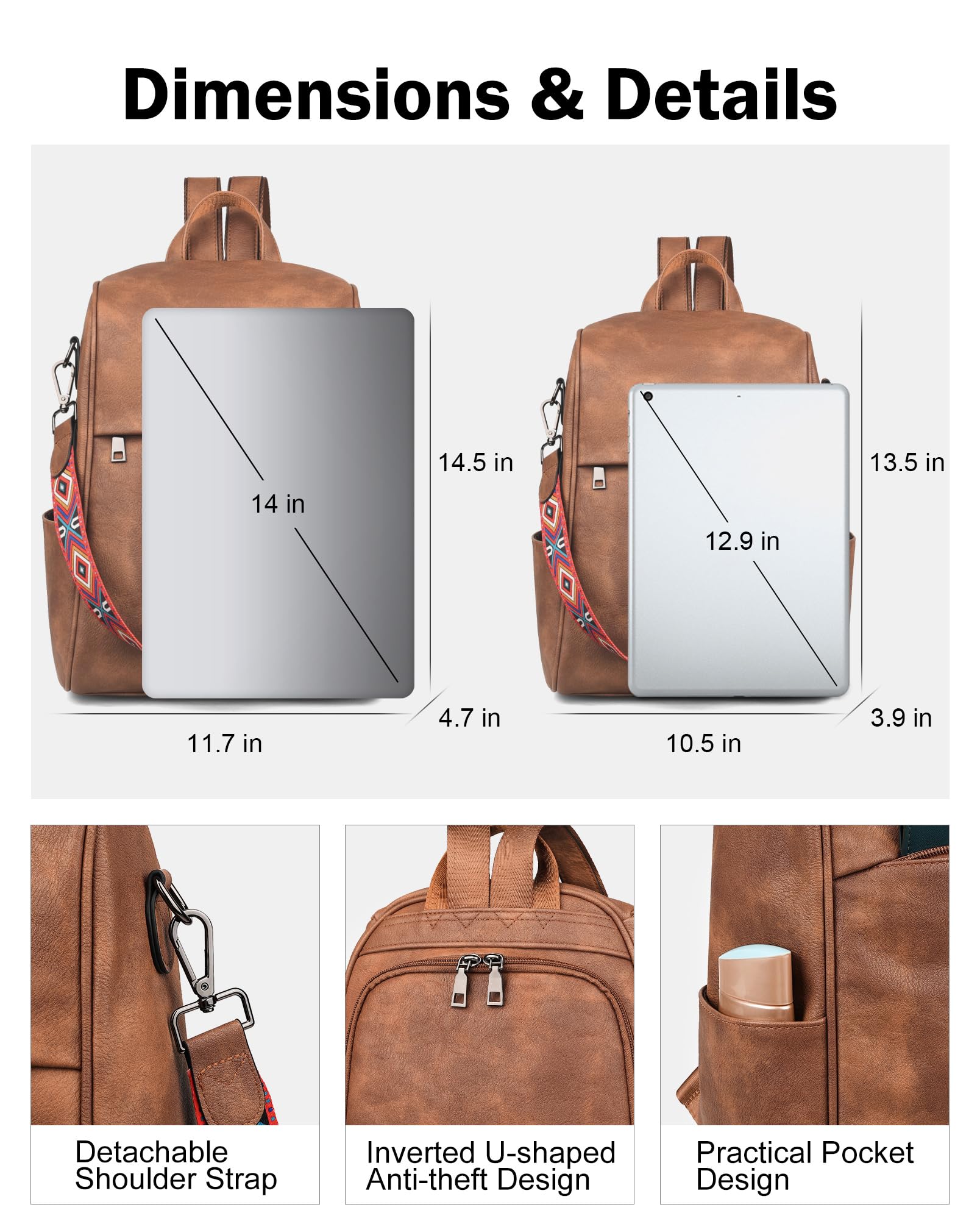FADEON Anti Theft Backpack for Women - Stylish Faux Leather Laptop Backpack with Hidden Back Opening, Secure Work Bag & Travel Purse (Brown) - Perfect for Office, Commute & College Campus Use