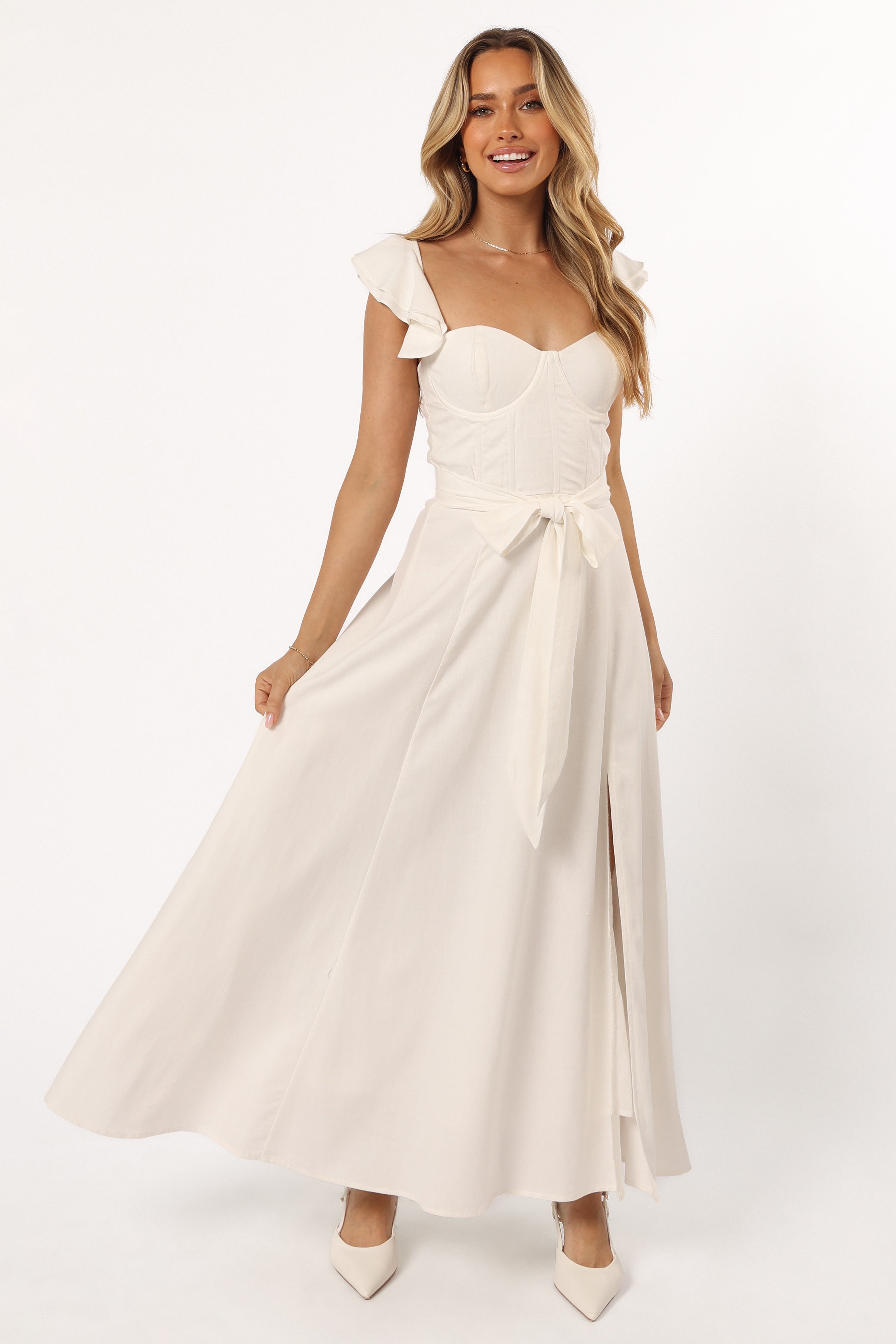 Enslee Women's Midi Dress - Elegant Ivory Flowy Summer Dress for Casual Wear, Office & Special Occasions