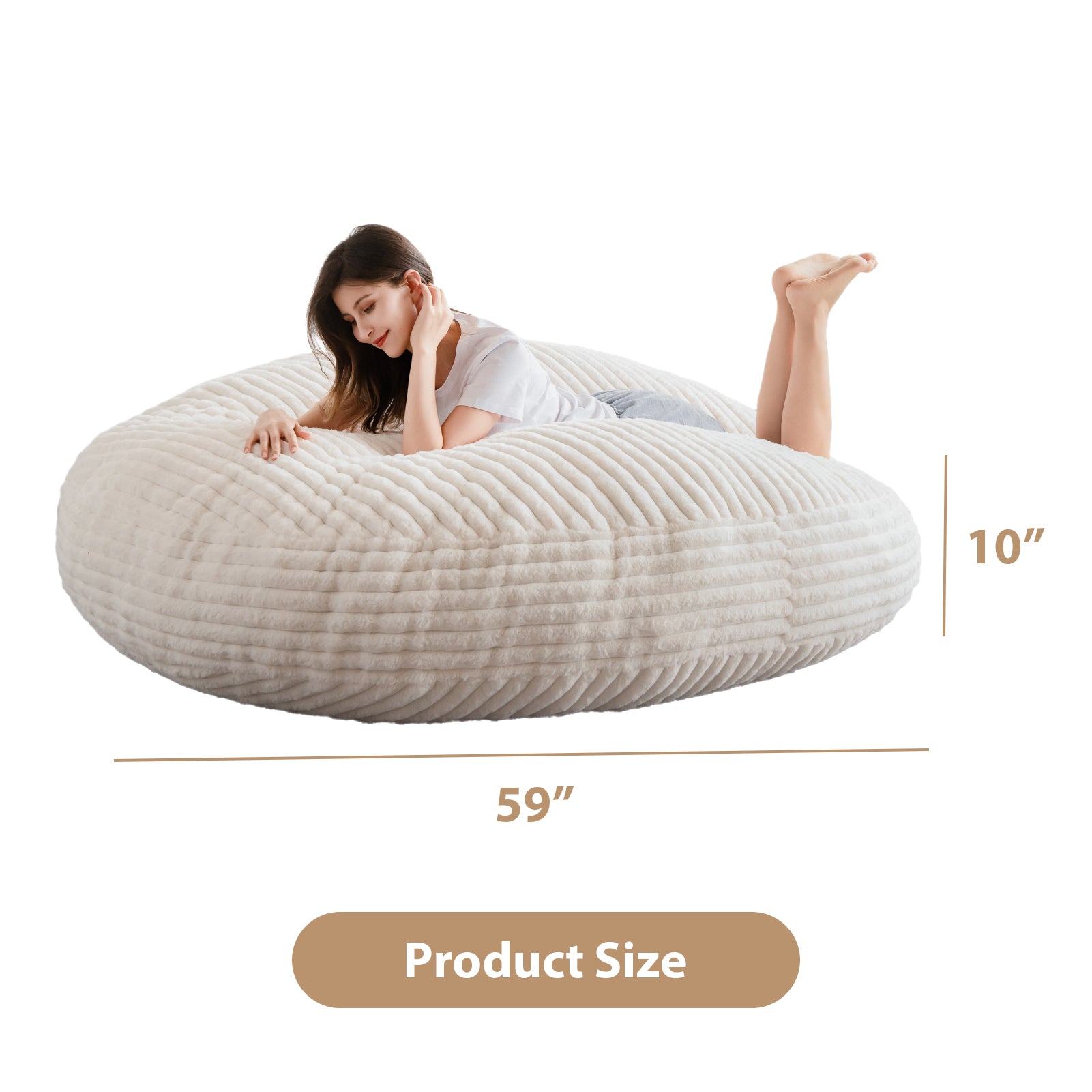 MAXYOYO Giant Round Bean Bag Chair for Adults - Soft Striped Faux Fur Oversized Lounger (Beige) | Perfect for Living Room, Bedroom, Game Room & Dorm Relaxation
