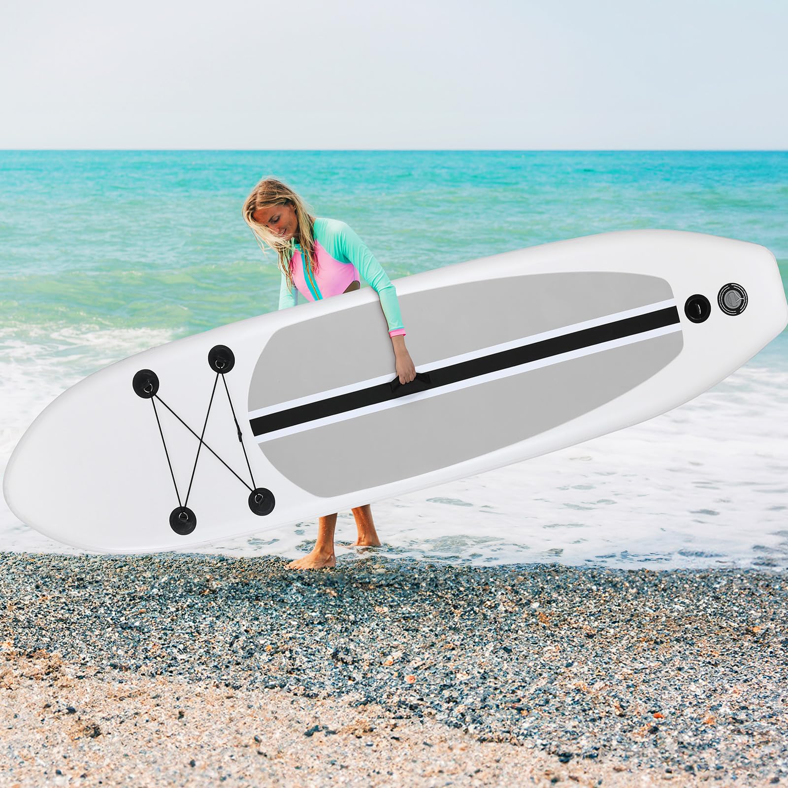 10FT Inflatable Stand Up Paddle Board with SUP Accessories - Lightweight & Portable for Adults & Kids | Includes Carry Bag, Paddle, Hand Pump, Non-Slip Deck, Repair Kit & Leash (White) | Perfect for Yoga, Fishing & Ocean/Lake Adventures