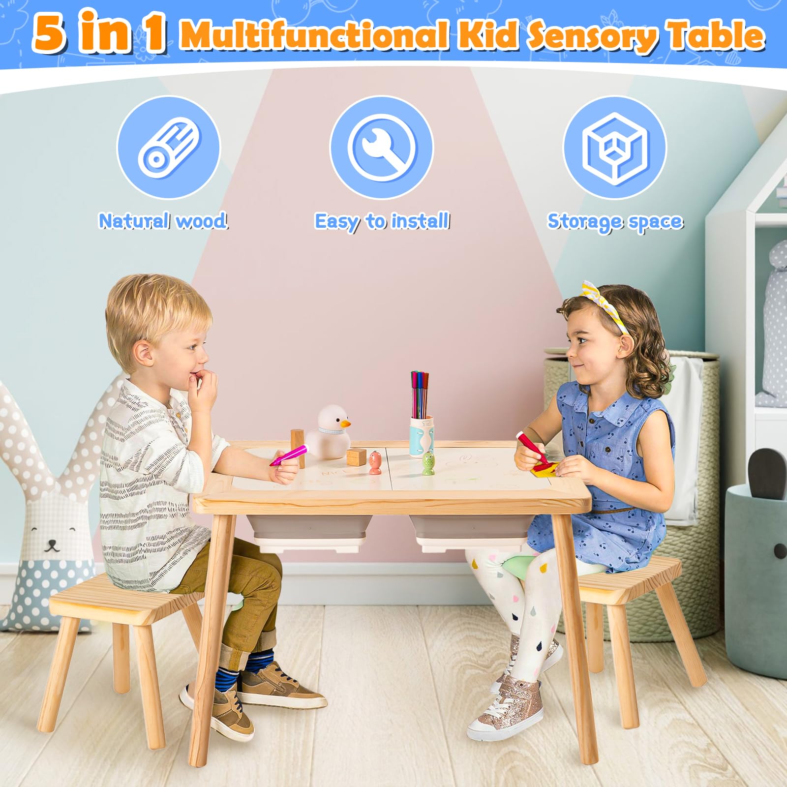 **Kids Sensory Table with 2 Stools - Multifunctional Toddler Sand & Art Play Table for Indoor Activities - Includes 2 Storage Bins & 2 Stools - Perfect for Sensory Play, Drawing & Creative Learning**