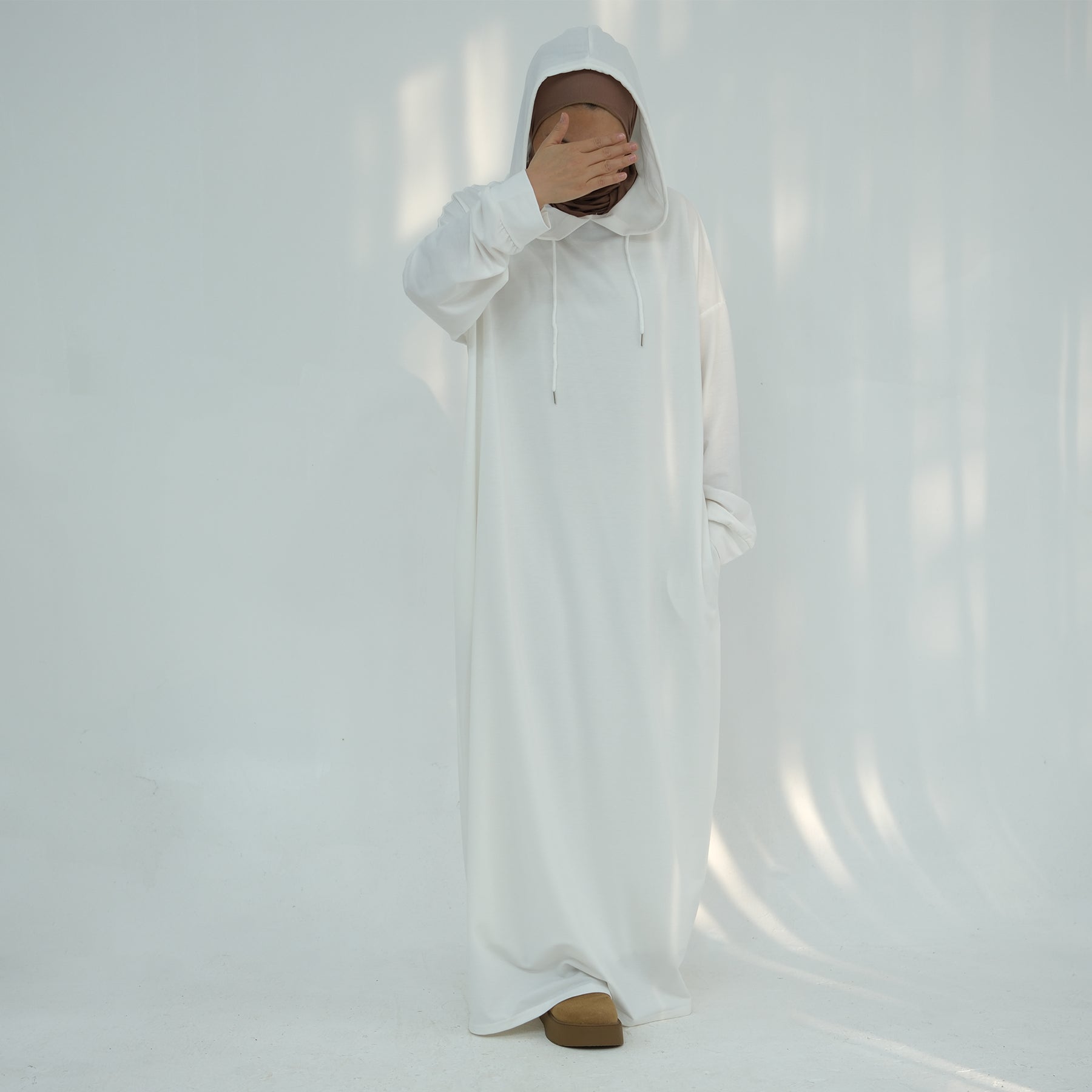 Alora Poly Hoodie Abaya for Women - Modest Islamic Prayer Dress - White - Perfect for Prayer, Mosque, and Everyday Wear