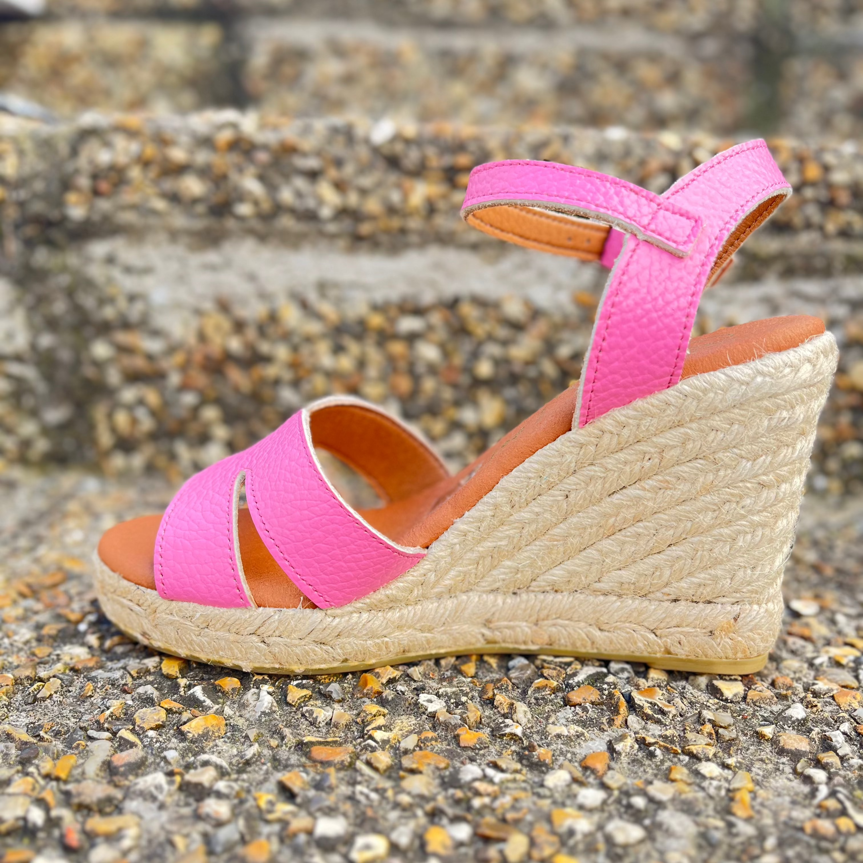 OH MY SANDALS Women's Pink Leather High Wedge Sandals - Comfortable Summer Dressy Shoes for Beach, Party & Casual Outings