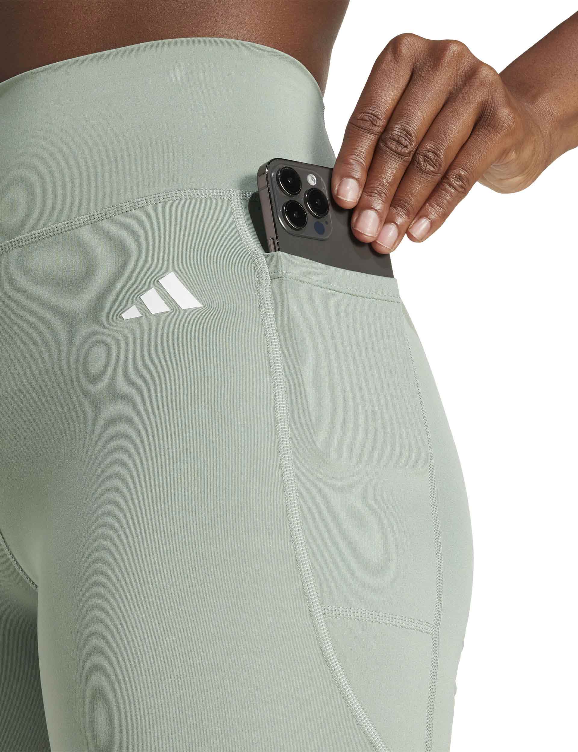Optime Essentials Stash Pocket 7 Inch Short Leggings for Women - Silver Green/White - Workout, Running, Yoga & Lounge Wear