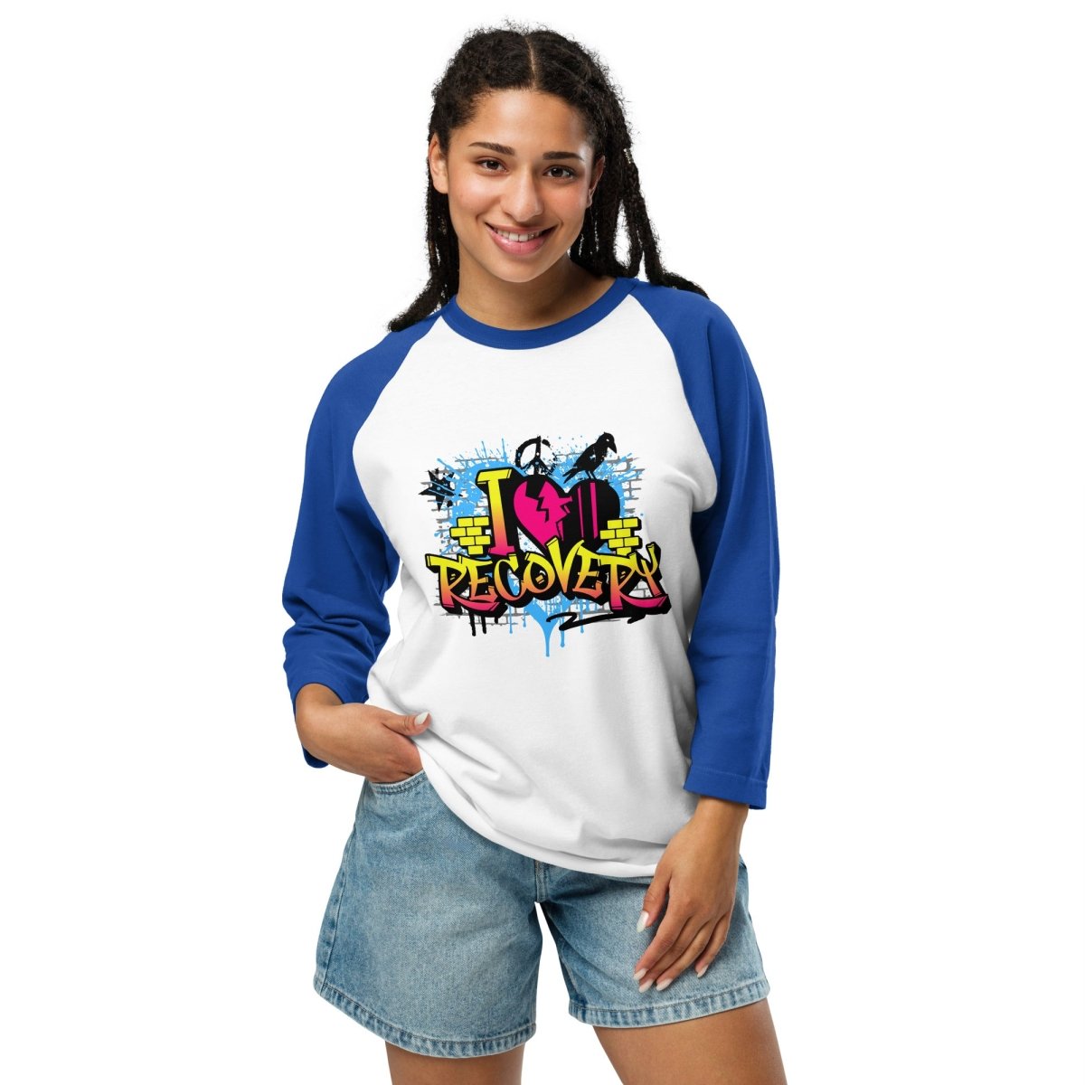 I Heart Recovery 3/4 Sleeve Raglan Shirt with Graffiti Design - Comfortable & Stylish Tee for Casual Wear, Workout, and Street Fashion