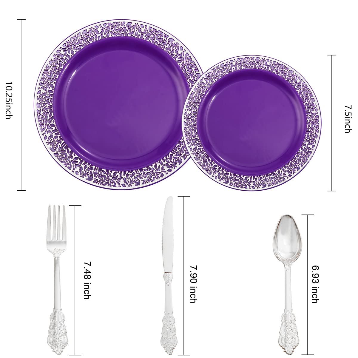 150-Piece Purple & Silver Plastic Dinnerware Set - 30 Plates (10.25