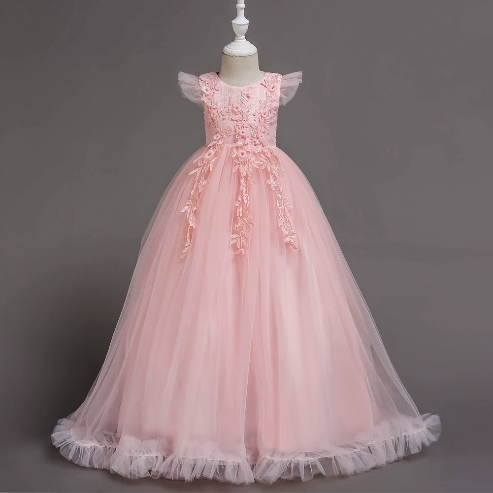 Elegant Pink A-Line Floor Length Lace Flower Girl Dress for Weddings & Special Occasions