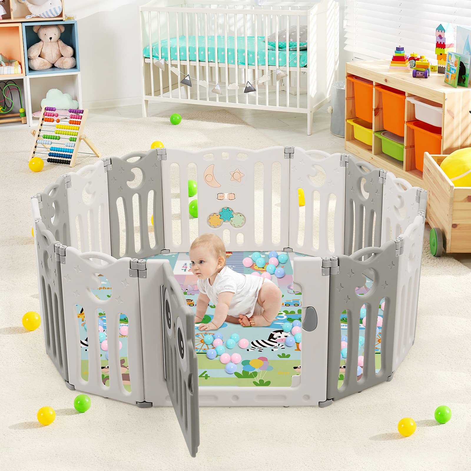HONEY JOY Baby Playpen - 14 Panel Owl Design Play Yard with Anti-Slip Base & Lockable Door | Indoor Portable Safety Fence for Toddlers & Infants | Perfect for Playrooms, Living Rooms & Daycare Centers (Beige)