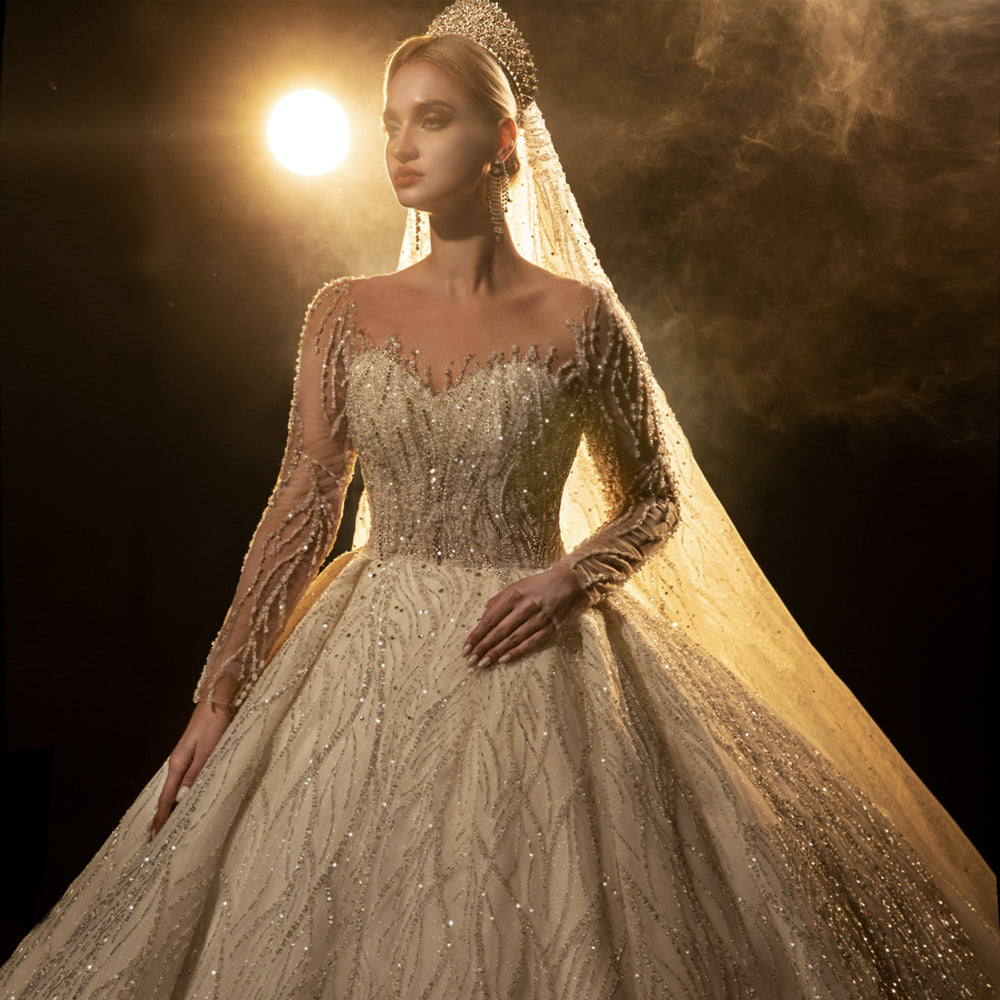 NS4310 Elegant Designer Bridal Gown - Lace Wedding Dress for Bride, A-Line Princess Ball Gown with Long Train - Perfect for Church Ceremony, Beach Wedding & Formal Reception