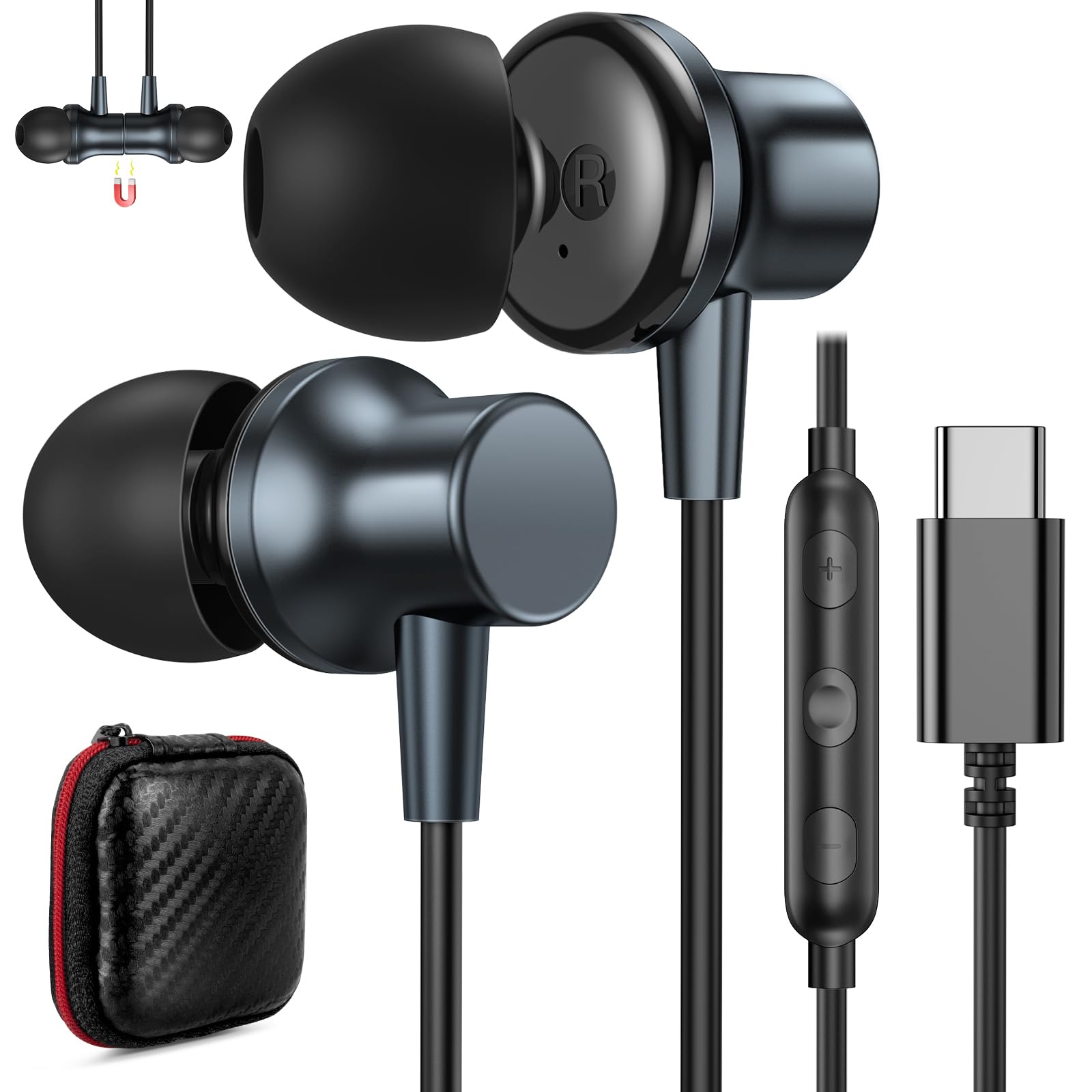 COOYA USB C Wired Earbuds with Mic - Noise Cancelling Magnetic In-Ear Earphones for iPhone 16 Pro/16e/15, iPad 10/Air, Pixel 9/8, Samsung S25 Ultra/A16/S23/S22/A35/A56, OnePlus 13 - Perfect for Commuting, Gaming & Work Calls