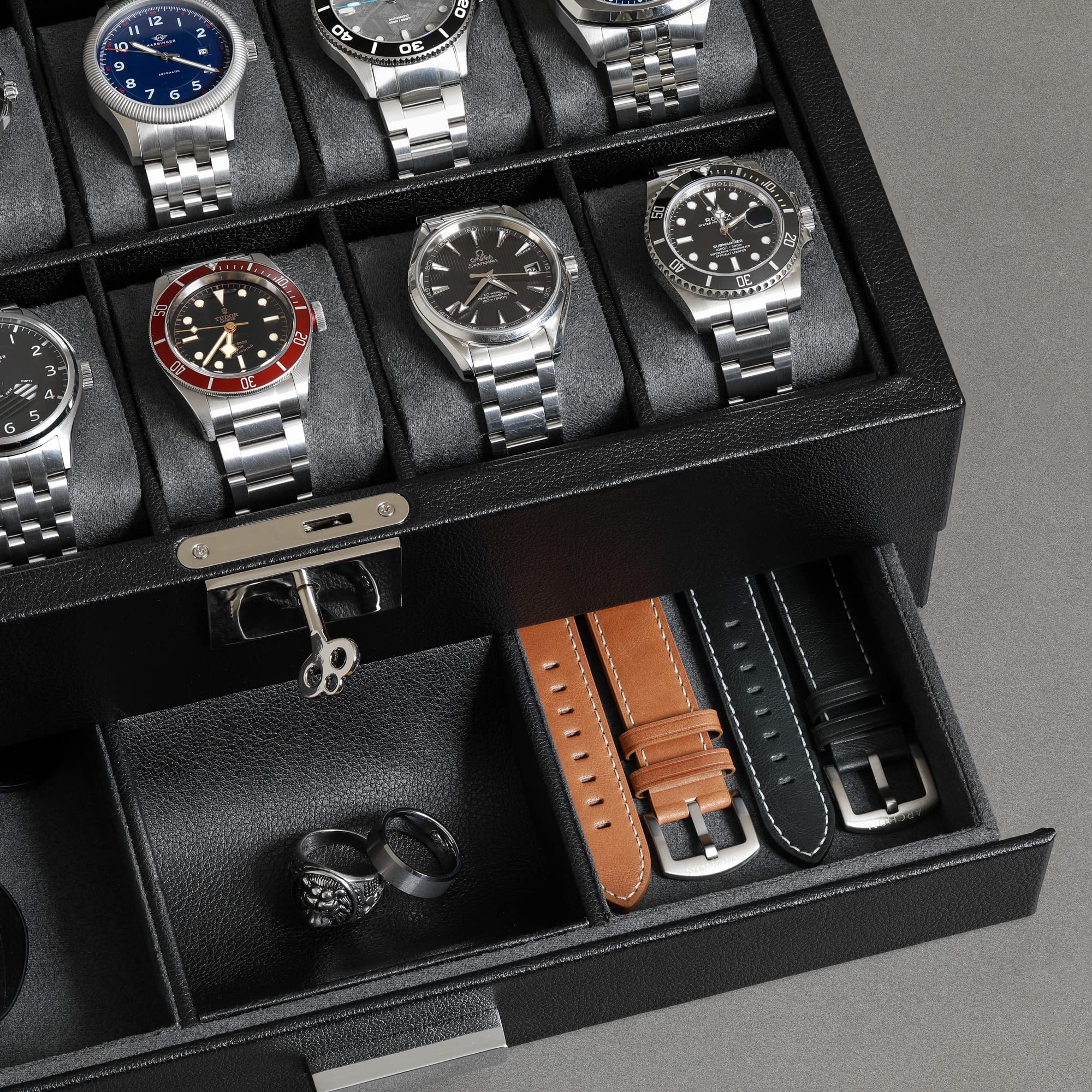 ROTHWELL 10-Slot Leather Watch Box with Valet Drawer - Luxury Watch Case Organizer with Ultra Soft Microsuede Liner, Jewelry & Sunglass Storage - Large Glass Top Display (Black/Grey) - Perfect for Watch Collectors & Gift Giving