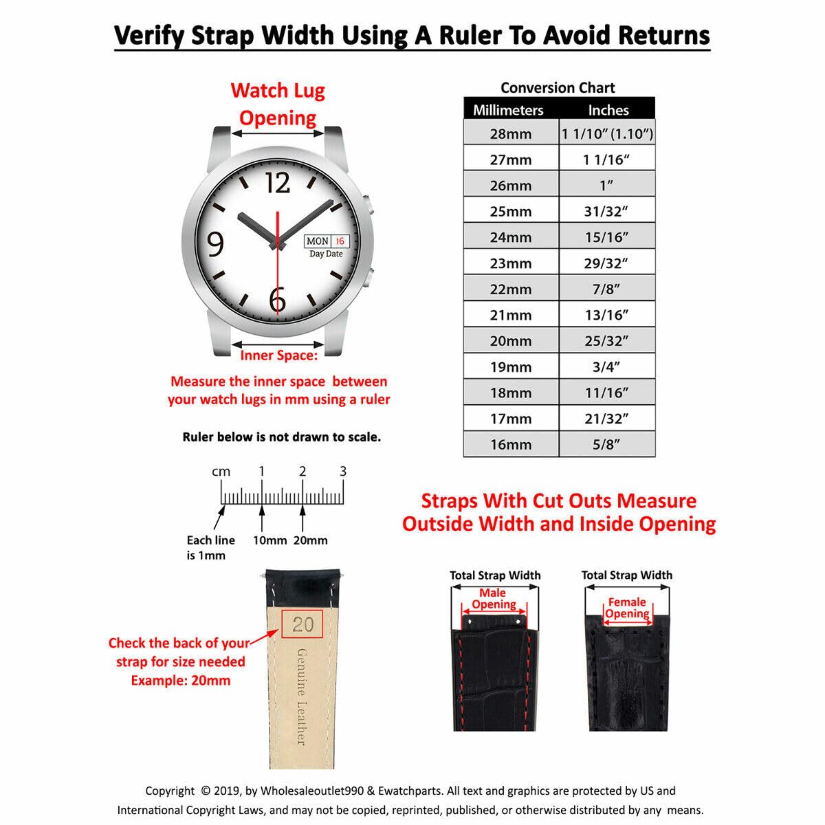20mm Leather Watch Band for Tudor 36mm - Black & White Stitching | Dress & Casual Wear