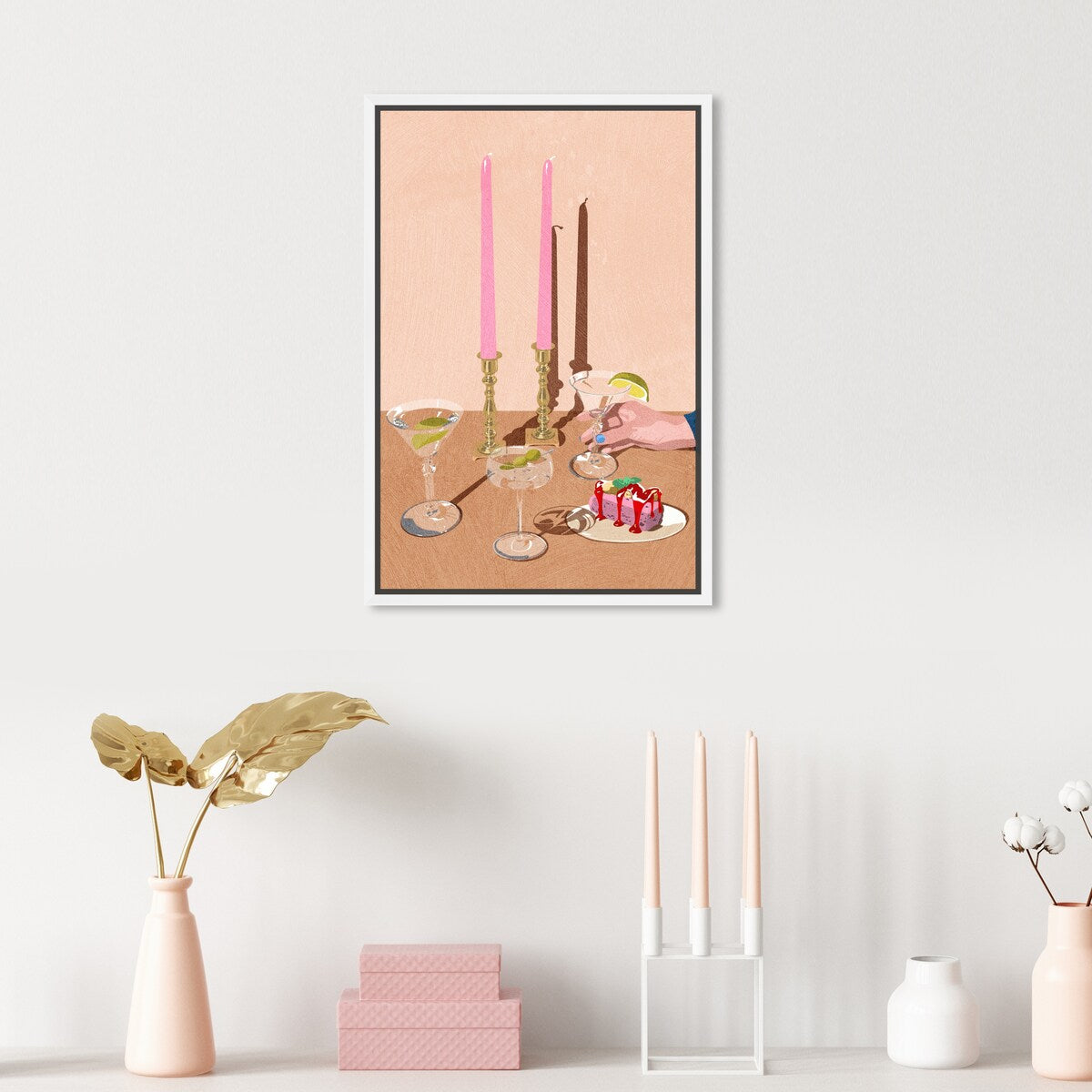 Elegant Pink Framed Canvas Wall Art - Modern Dessert & Drinks Painting for Dining Room Decor | Perfect for Kitchen, Cafe & Home Interior Design