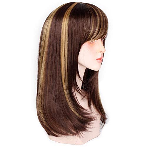 VIEWS Full Head Synthetic Women's Wig - Long Brown Hair with Golden Highlights, Natural Look for Daily Wear & Cosplay (Includes Free 2 Wig Caps + Carry Pouch) - Perfect for Parties, Halloween & Costume Events