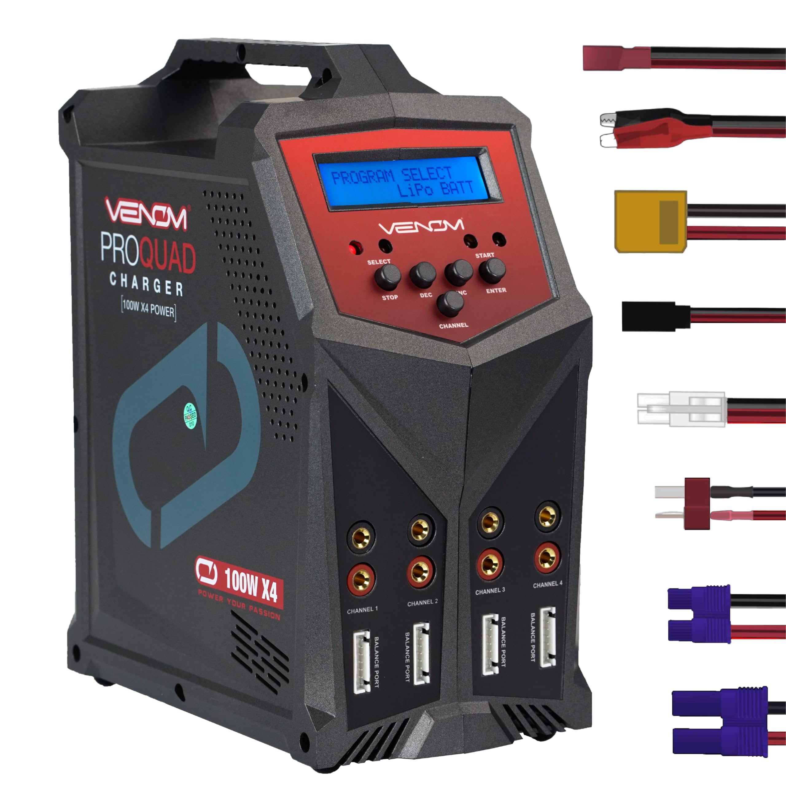Venom Power Pro Quad 100W LiPo Battery Fast Charger with LCD Screen - 4 Port AC/DC 7A NiMH LiHV LiPo Balance Charger Discharger for 1S-6S Batteries - Perfect for Drones, RC Cars, Airplanes & FPV Racing - Fast Charging & Safe Battery Maintenance