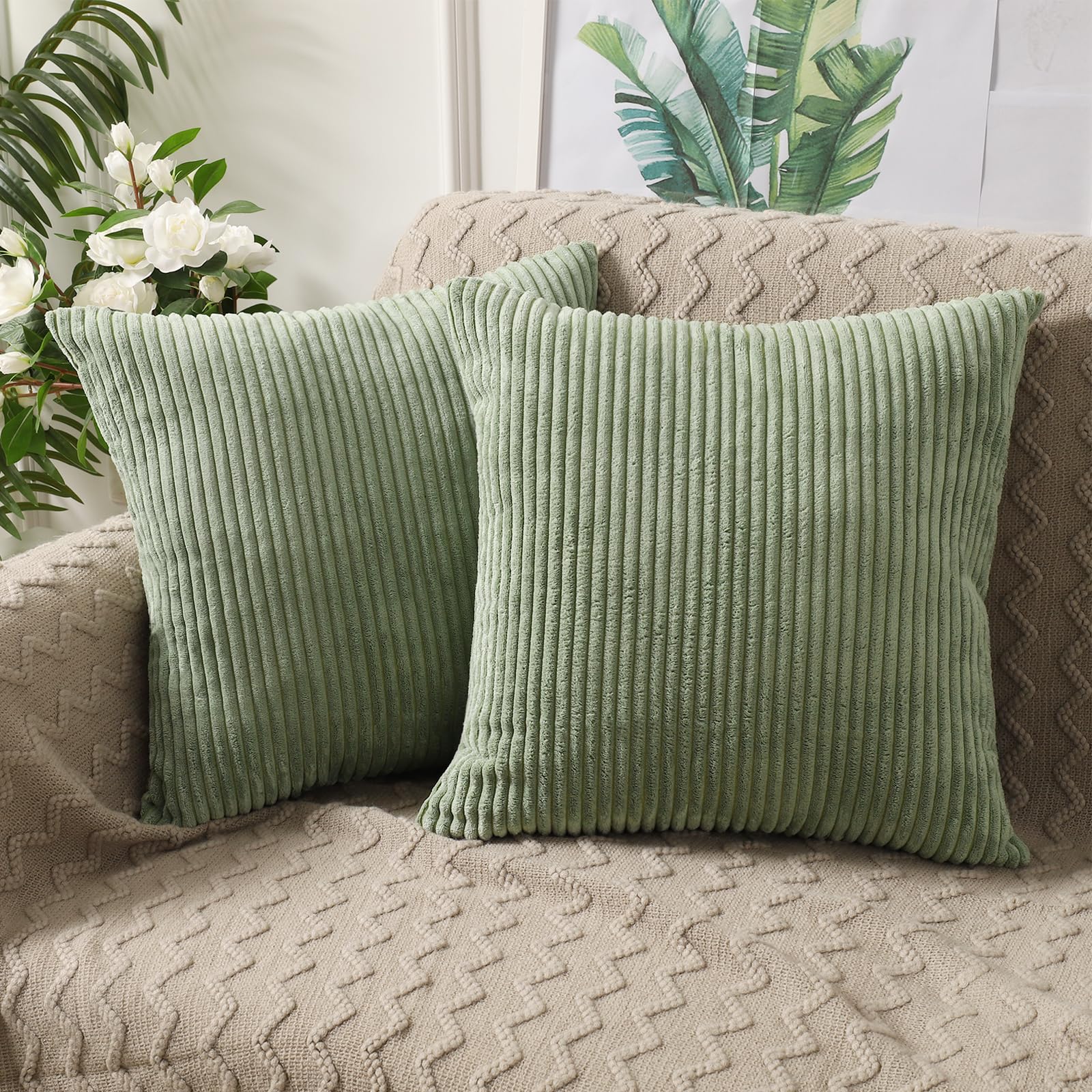 BeBen 24x24 Inch Corduroy Throw Pillow Covers Set of 2 - Soft Square Decorative Cushion Cases for Couch, Bed, Sofa, Bedroom & Car - Light Green Home Decor | Perfect for Living Room Accents, Cozy Bedroom Styling & Automotive Comfort