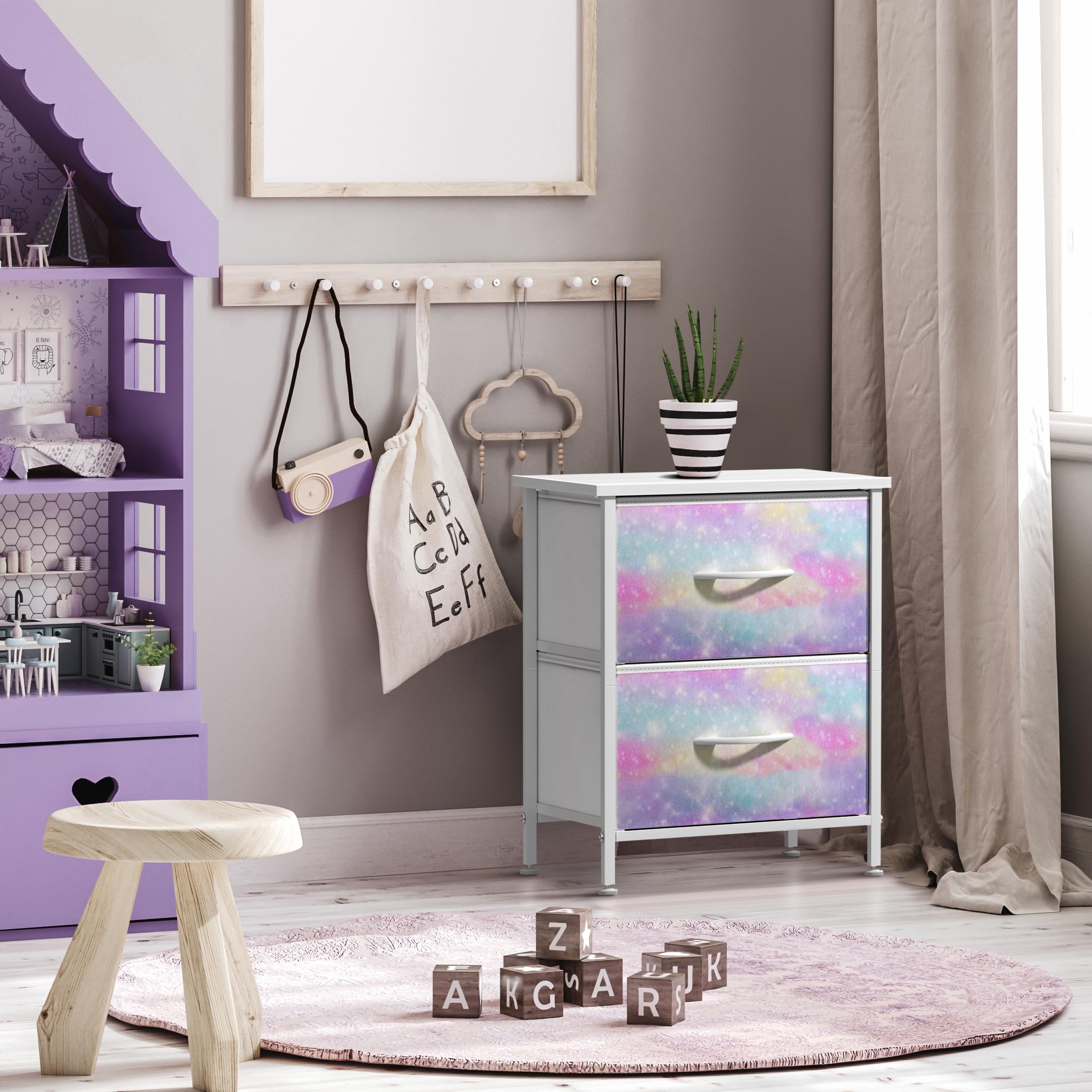 Sorbus Kids Dresser with 2 Drawers - Sturdy Steel Frame & Wood Top Storage Organizer with Tie-Dye Fabric Bins - Perfect for Clothes, Toys & Nursery Essentials - Ideal for Bedroom, Hallway, Closet & Small Apartment Organization