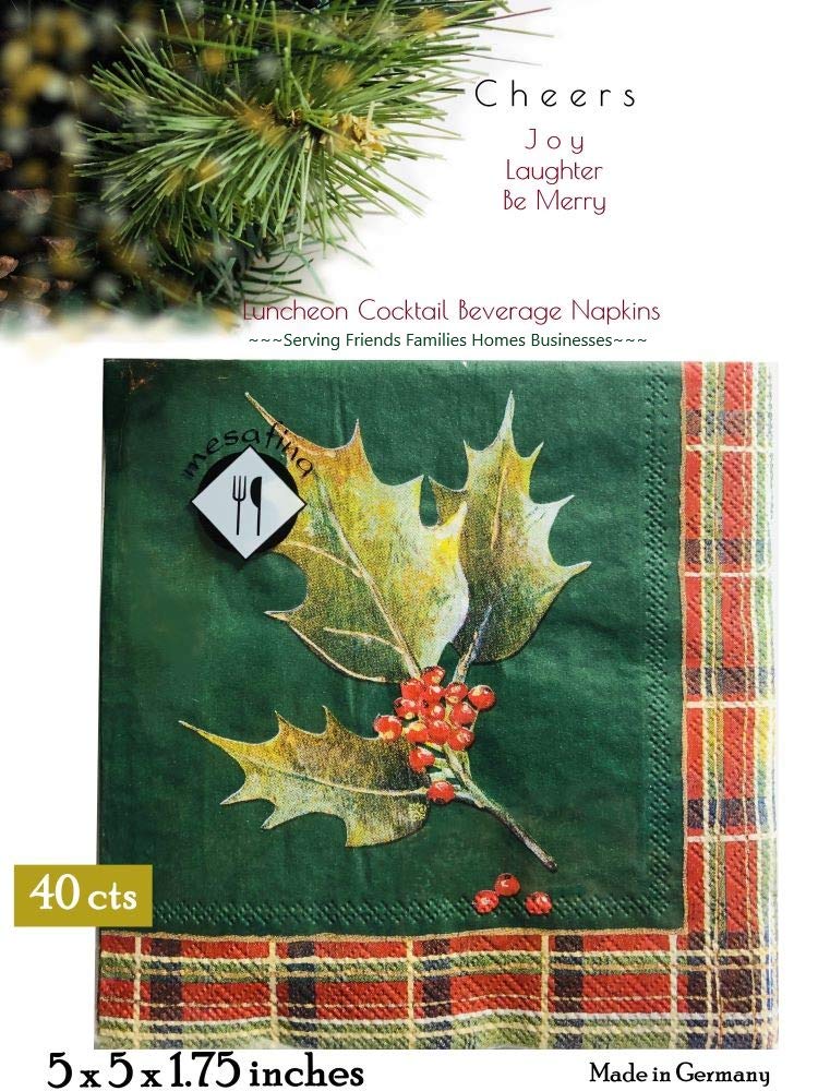 40-Count 5x5 Holly Christmas Napkins - Decorative Holiday Dinner & Cocktail Paper Napkins for Christmas Parties, Decoupage, and Beverage Service