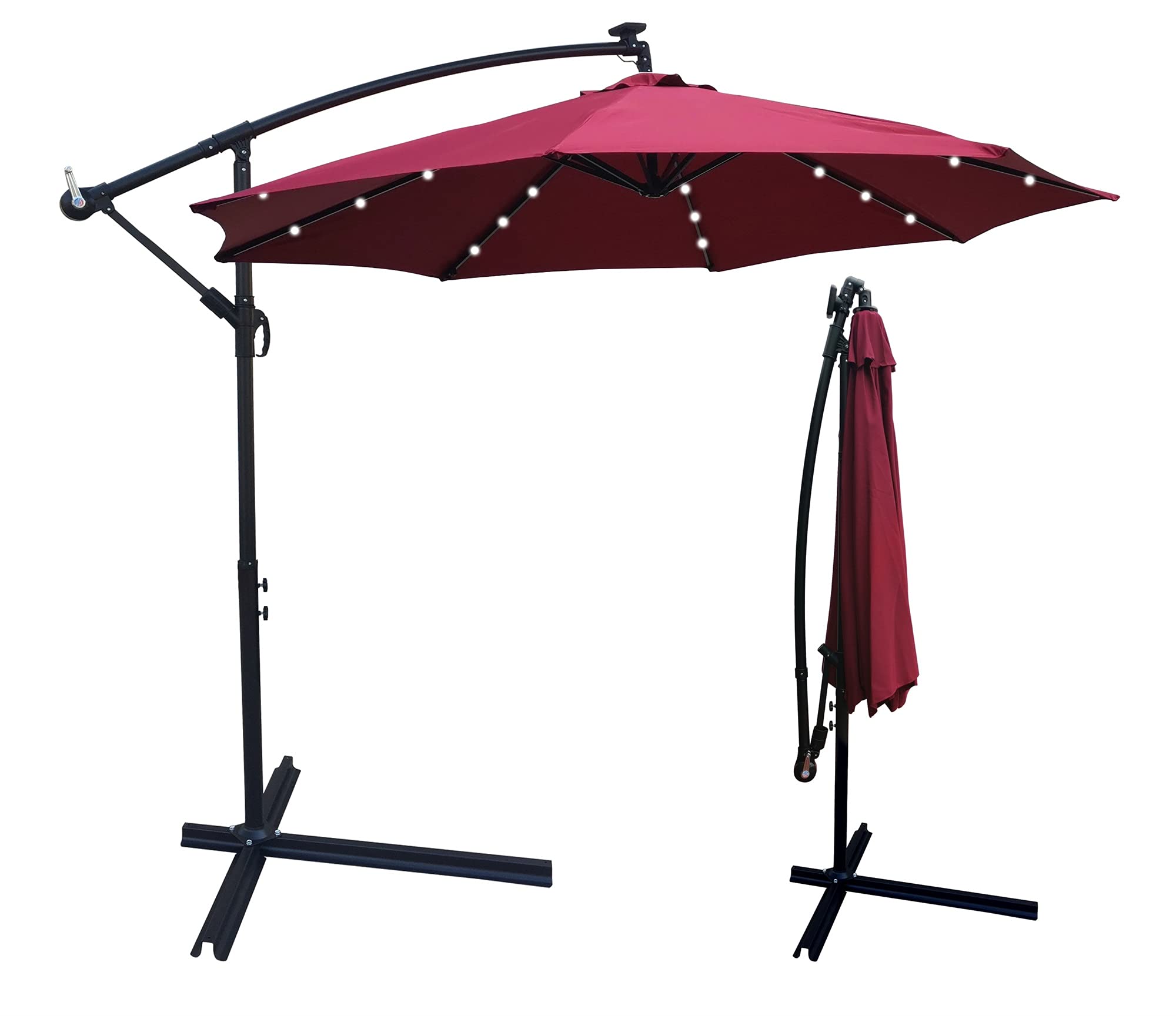 10 Ft Solar Powered LED Patio Umbrella with Crank - Waterproof 8-Rib Sun Shade for Outdoor Garden, Deck, Backyard & Pool - Burgundy - Perfect for Relaxing, Entertaining and Sun Protection by the Poolside