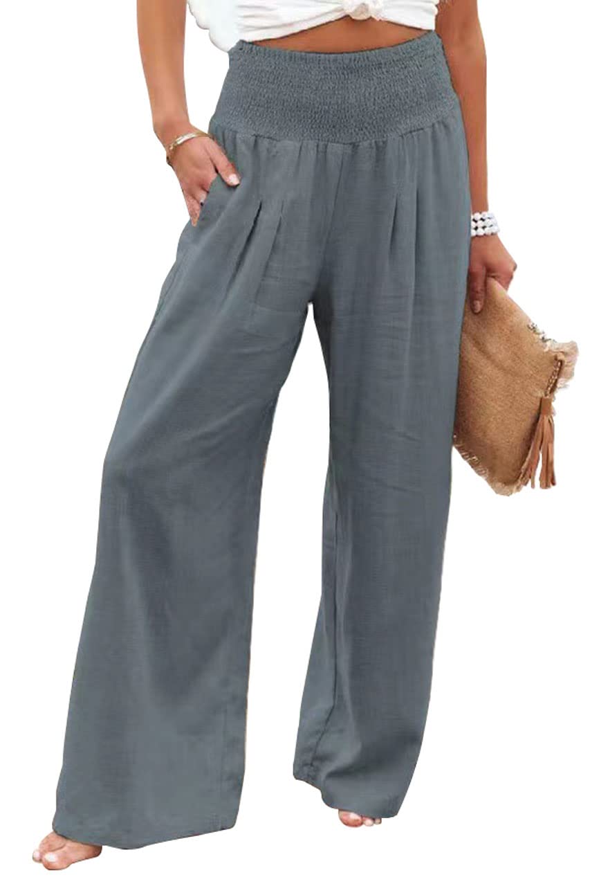 Women's High Waisted Smocked Cotton Linen Palazzo Pants - Wide Leg Comfort with Pockets for Casual Wear, Summer Outfits & Beach Vacations