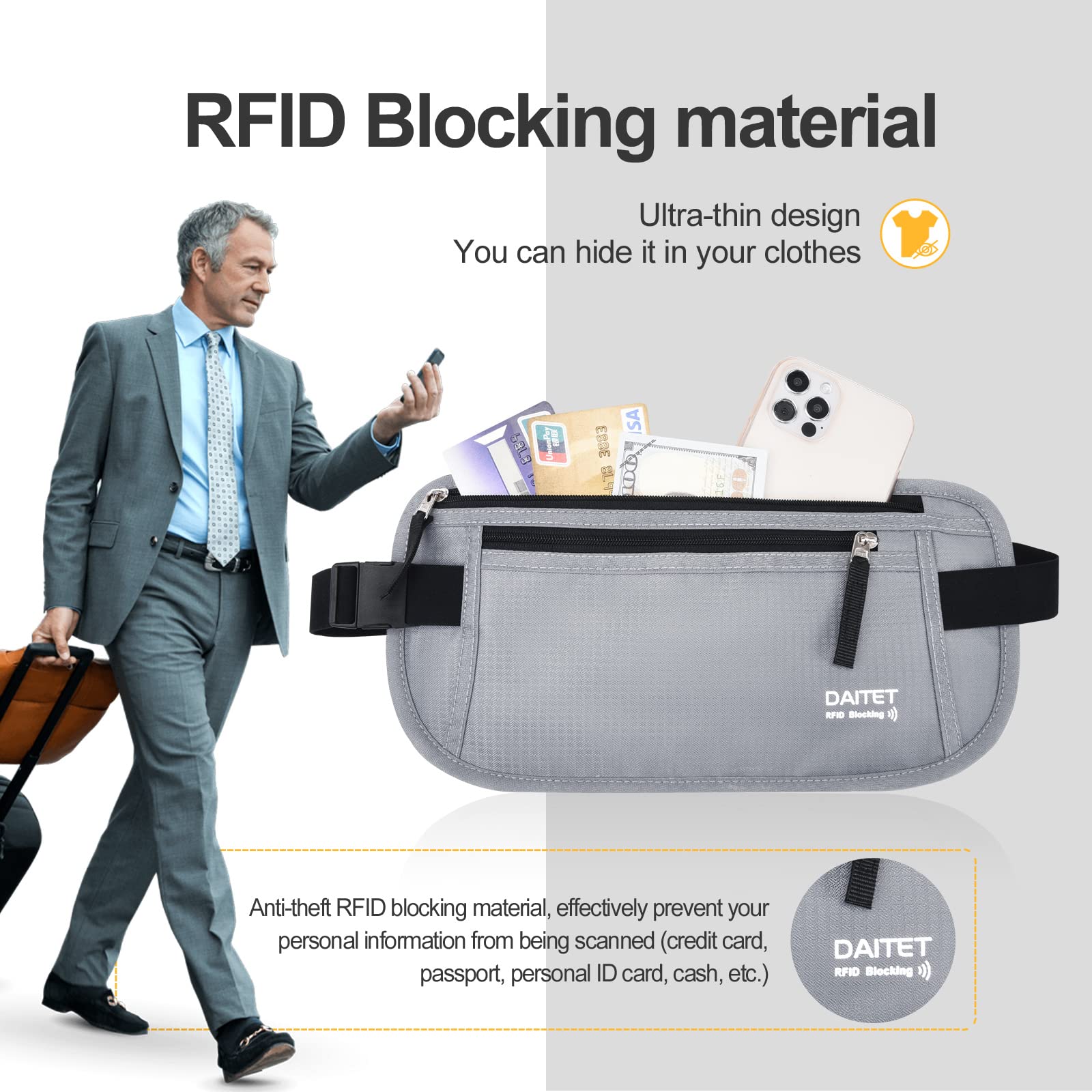 RFID Blocking Money Belt for Men & Women - Slim Travel Fanny Pack with Anti-Theft Protection - Waist Wallet for Passport, Phone, Cash (Light Grey) - Perfect for Running, Hiking & International Travel