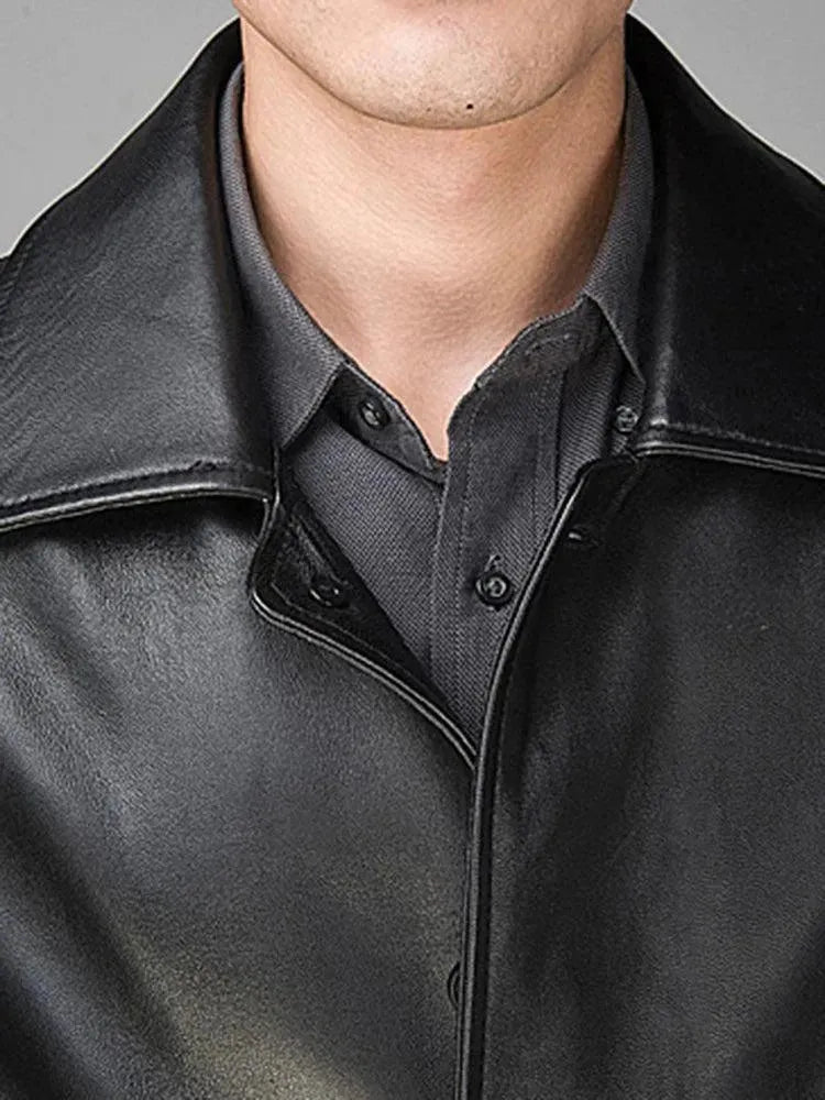 Premium Men's Genuine Leather Overcoat - Classic Long Trench Coat for Winter, Business & Formal Occasions
