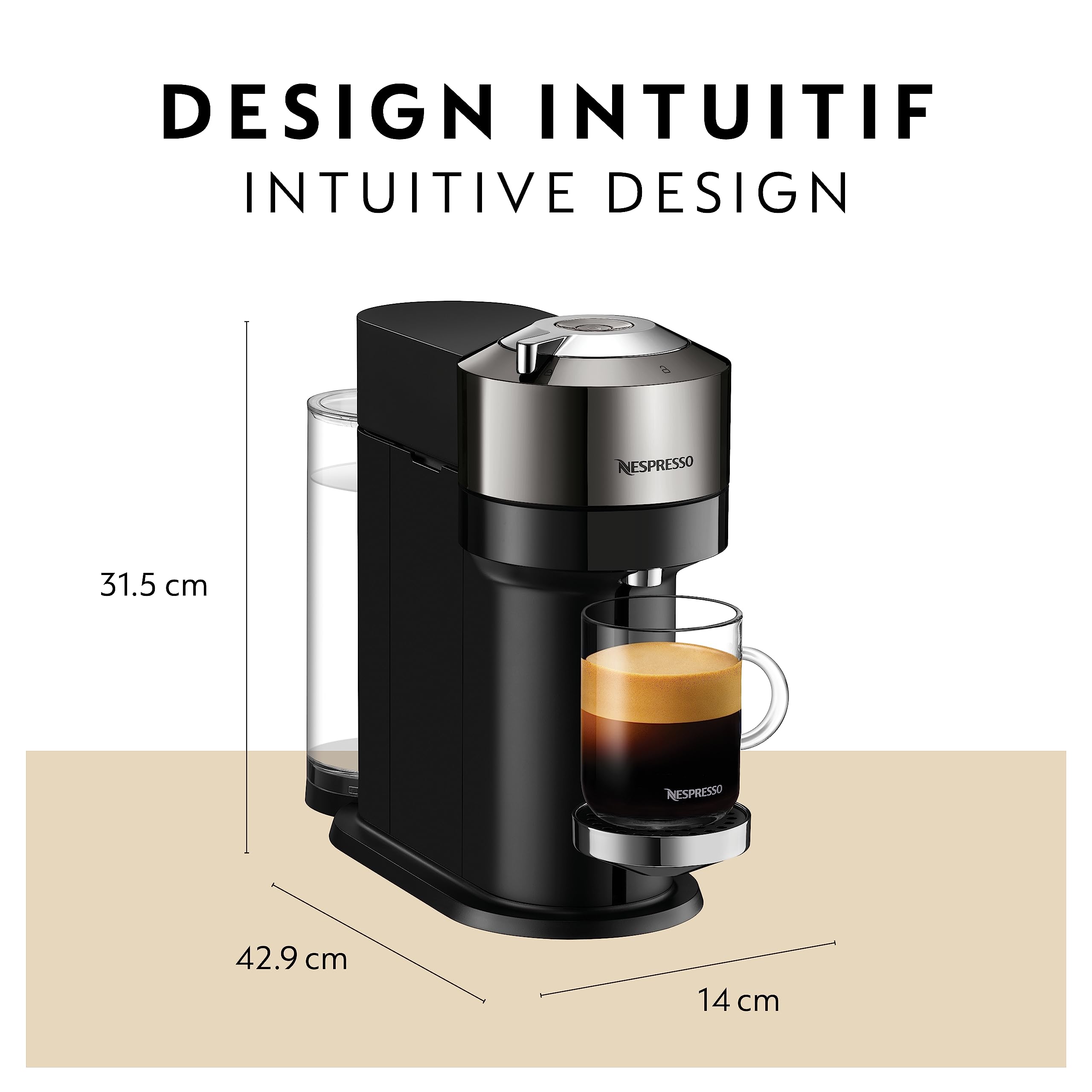 Nespresso Vertuo Next Deluxe Coffee and Espresso Machine with Aeroccino Milk Frother - 1.1L, Pure Chrome & Black Finish - Perfect for Home, Office, and Gifting