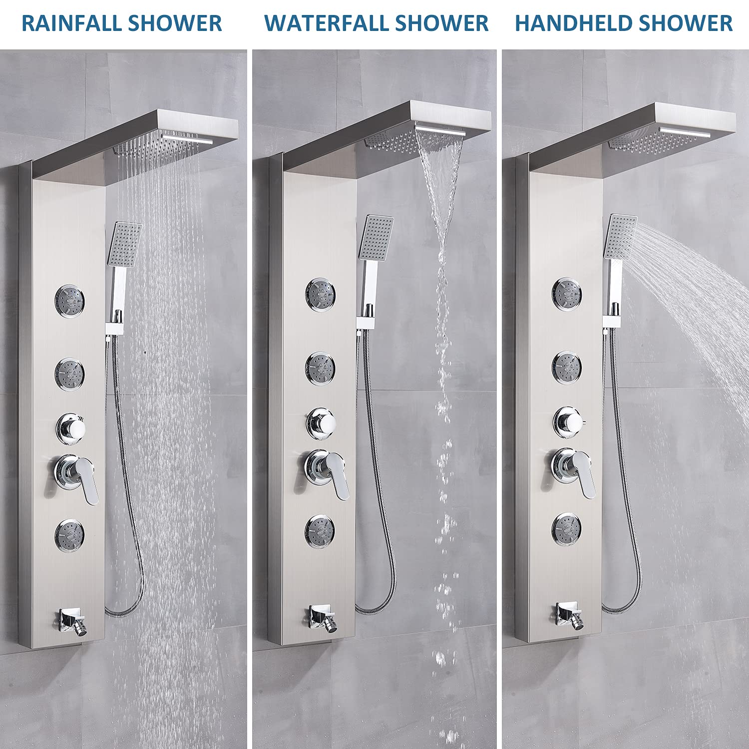 Multi-Function Shower Panel Tower System - Wall Mounted Rainfall Waterfall Shower Column with Massage Jets & Handheld Shower Head in Brushed Nickel | Perfect for Luxury Bathroom, Spa-Like Experience & Modern Home Upgrade