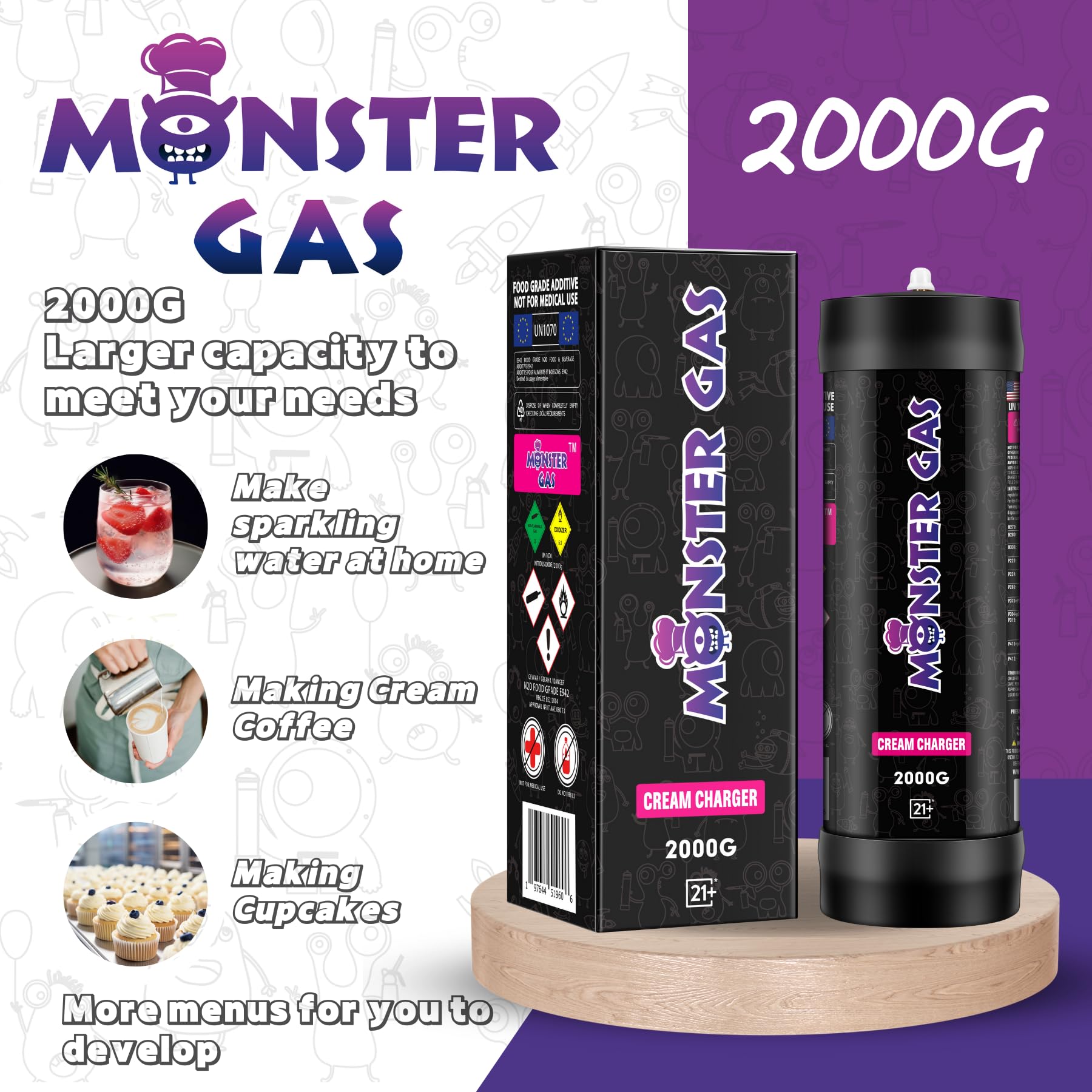 Premium 3.3L N2O Whipped Cream Charger - 2000G Nitrous Oxide Tank (2 Cylinders) for Professional Desserts & Coffee Toppings - Perfect for Bakeries, Cafes & Home Chefs