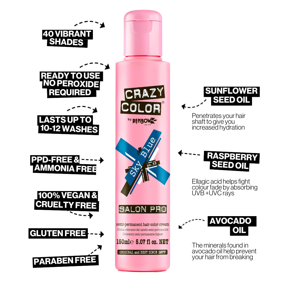 Crazy Color Salon Pro Semi-Permanent Hair Dye - Sky Blue (5.07 oz) for Women | Vibrant Fashion Hair Color | Perfect for Parties, Cosplay & Creative Styling