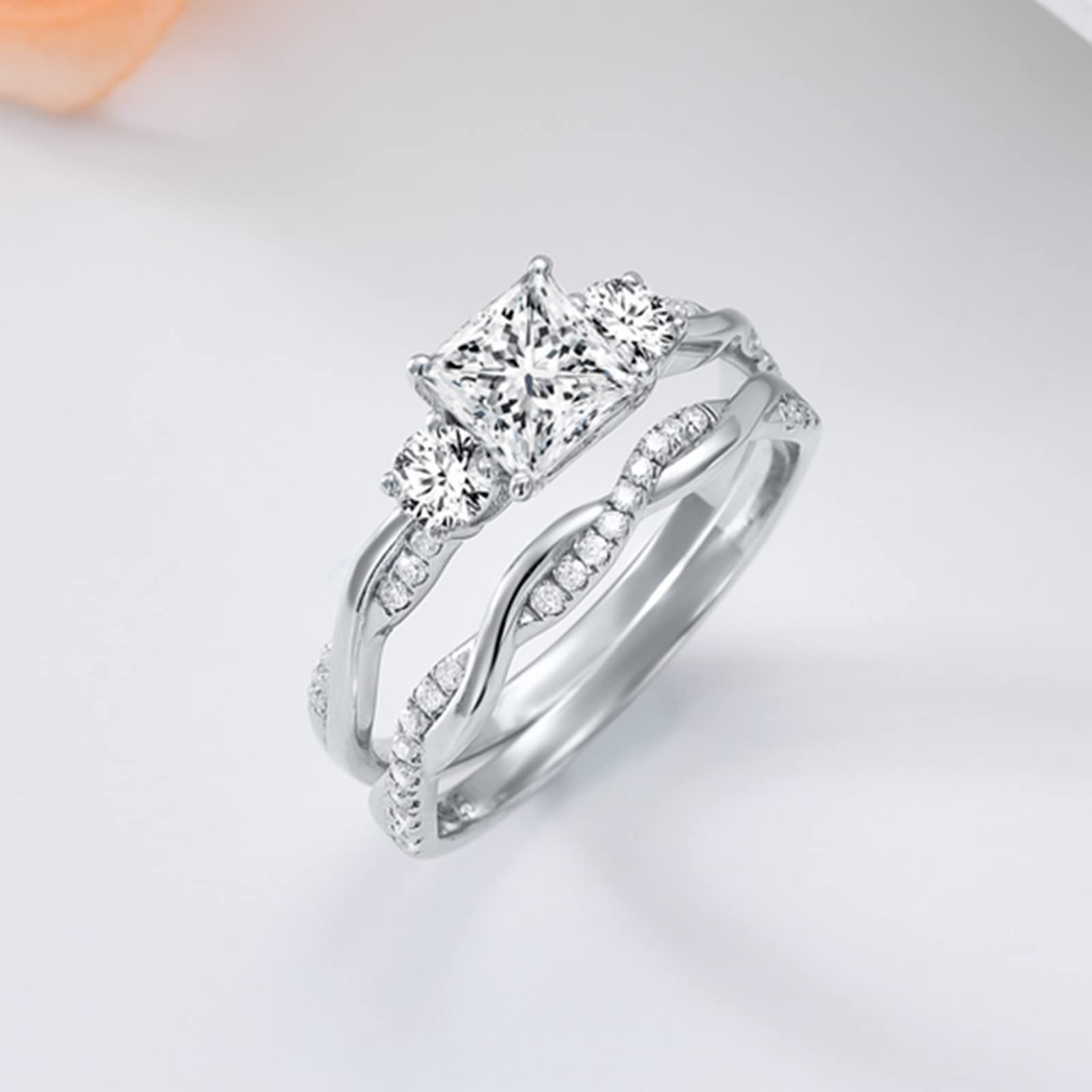 1.5 Carat Princess Cut Moissanite Wedding Ring Set for Women - White Gold Plated Silver Infinity Twist Engagement & Bridal Jewelry Set - Perfect for Proposals, Anniversaries, and Special Occasions