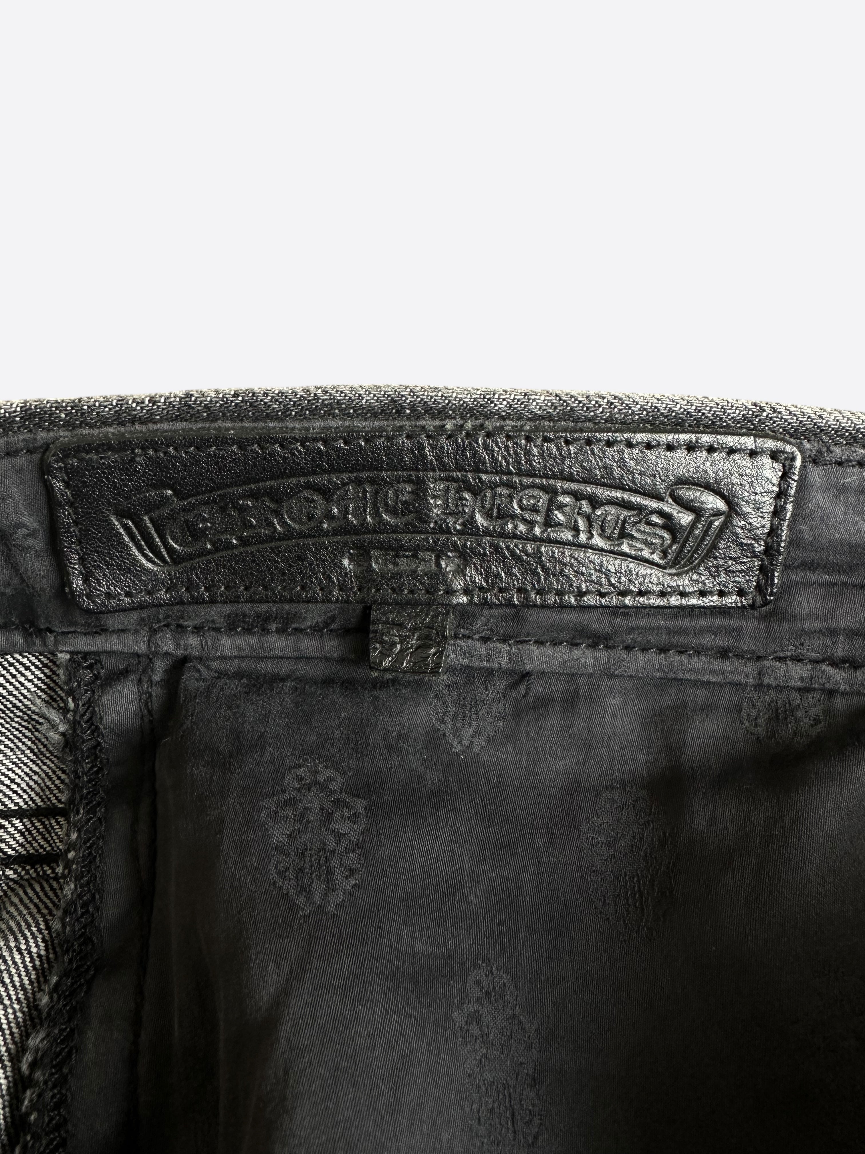 Chrome Hearts Grey Black & Red Cross Patch Jeans - Stylish Distressed Denim for Men & Women | Perfect for Casual Wear, Street Fashion & Rocker Style