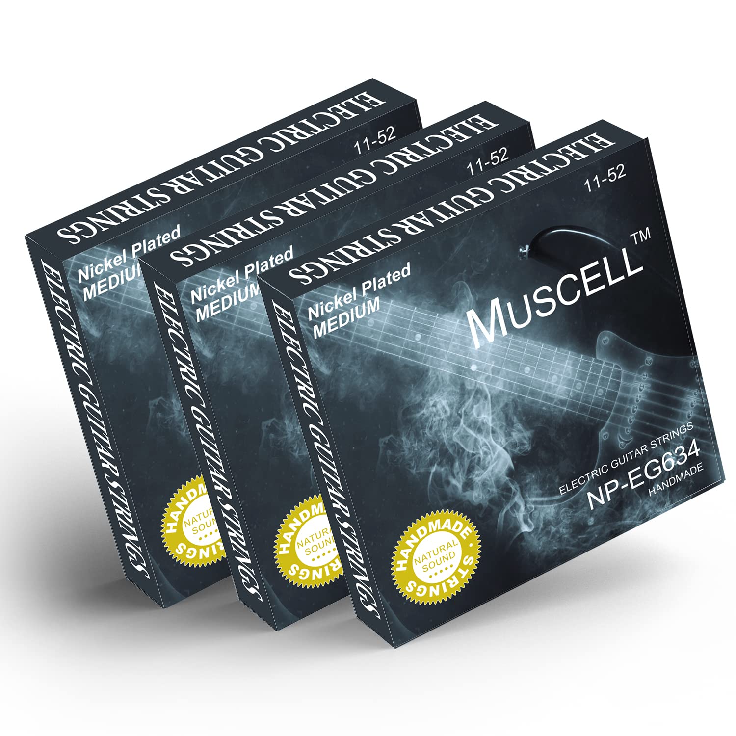 Premium MUSCELL Electric Guitar Strings - Handmade Nickel Plated Hex Core Steel (11-52 Medium Gauge) with Colorful Ball End - 3 Pack Set for Rock, Blues & Metal Performances - Perfect for Stage & Studio Recording