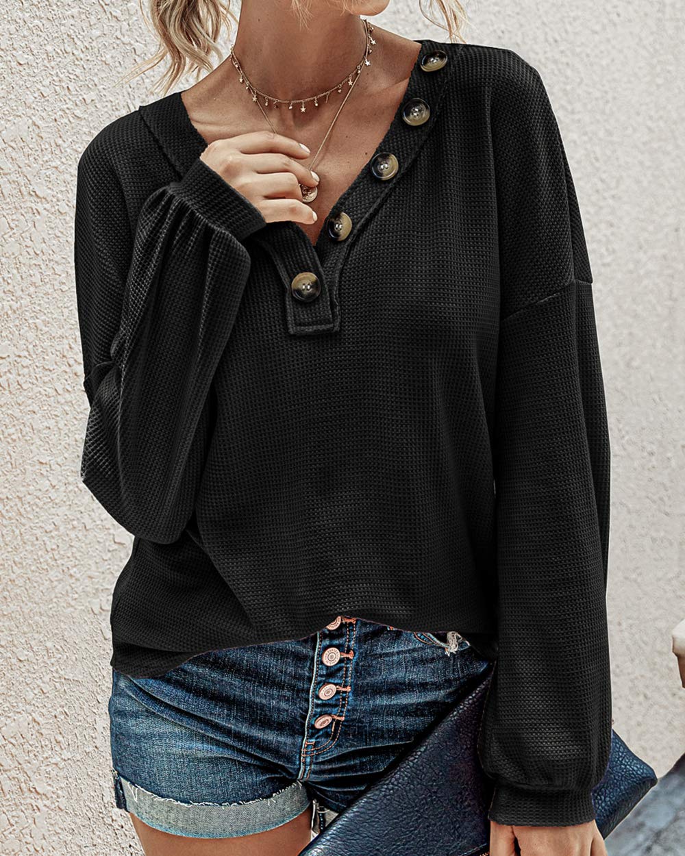 BTFBM Women's Long Sleeve V-Neck Blouse - 2025 Fall Fashion Loose Casual Pullover Top with Decorative Buttons & Lightweight Waffle Knit Fabric | Perfect for Office Wear, Autumn Layering and Weekend Outfits